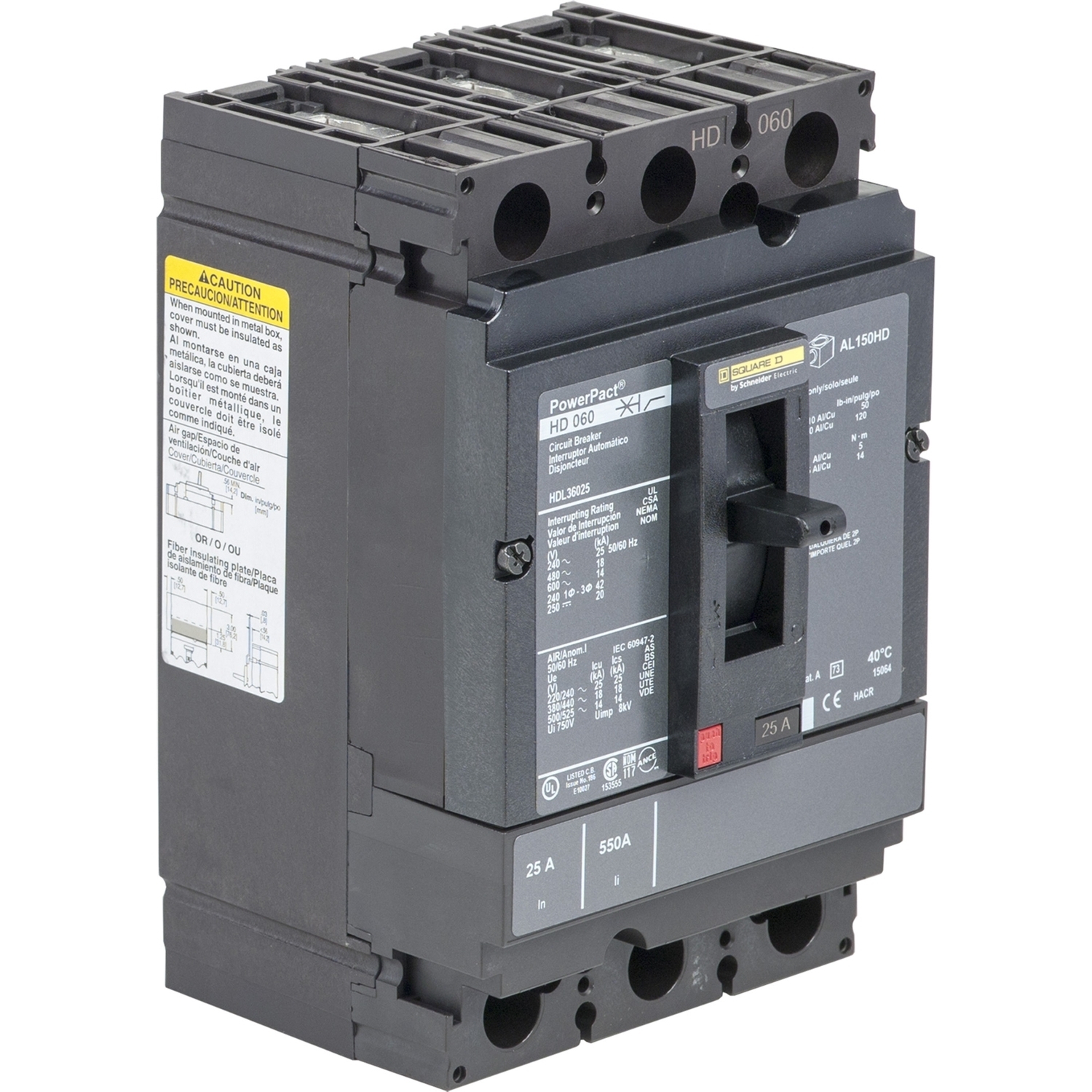 HJL36035 PowerPact 80% Rated Type HJL Molded Case Circuit Breaker, 600 V AC/250 V DC, 35 A, 250 VDC/600 VAC/65 kA at 480 VAC/25 kA at 600 VAC/100 kA at 240 VAC/20 kA at 250 VDC Interrupt, 3 Poles, Thermal Magnetic Trip