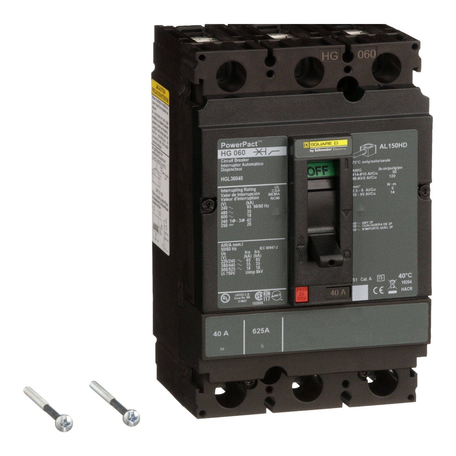 HJL36040 PowerPact 80% Rated Type HJL Molded Case Circuit Breaker, 600 V AC/250 V DC, 40 A, 100 kA at 240 VAC/65 kA at 480 VAC/25 kA at 600 VAC/20 kA at 250VDC Interrupt, 3 Poles, Thermal Magnetic Trip
