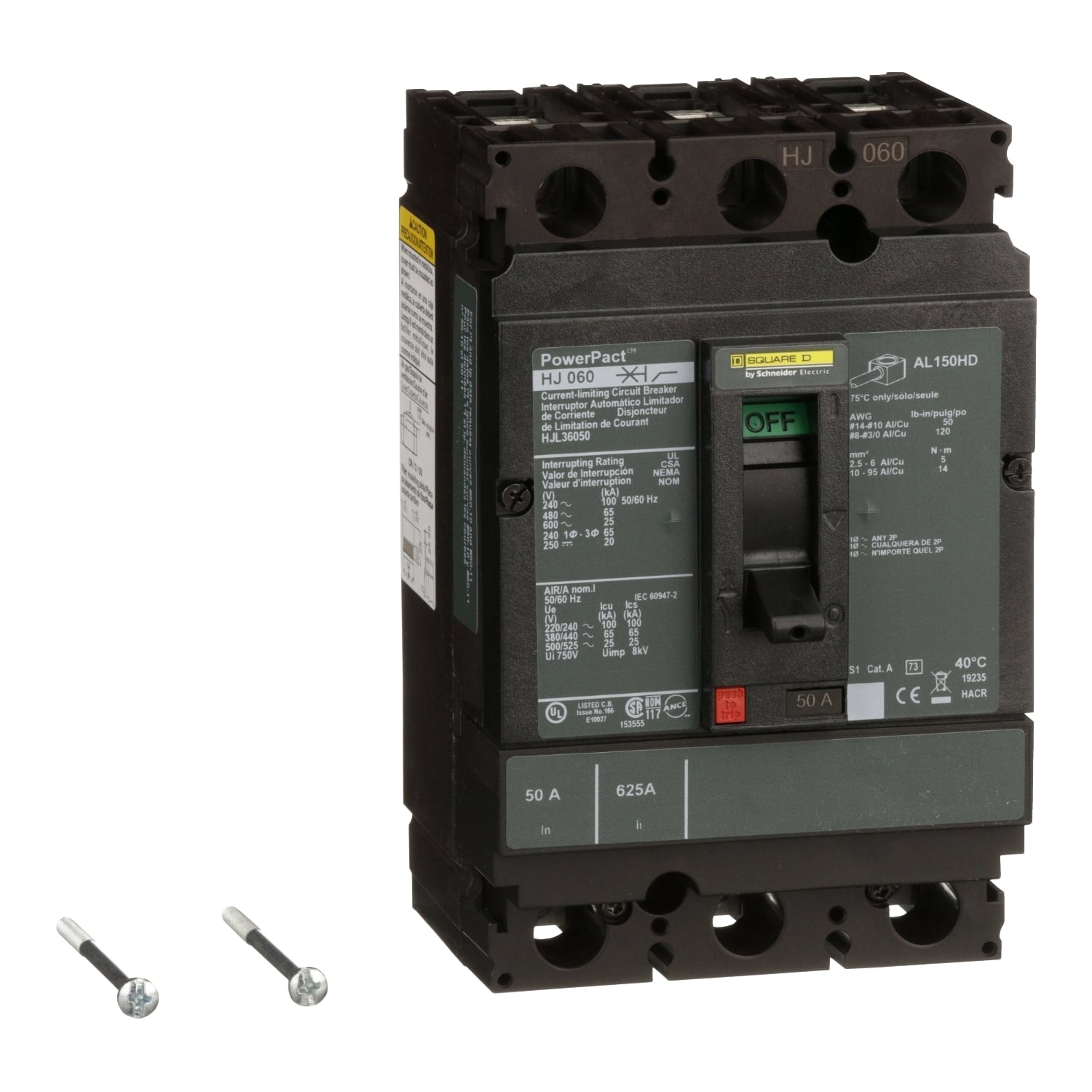 HJL36050 PowerPact 80% Rated Type HJL Molded Case Circuit Breaker, 600 V AC/250 V DC, 50 A, 100 kA at 240 VAC/65 kA at 480 VAC/25 kA at 600 VAC/20 kA at 250VDC Interrupt, 3 Poles, Thermal Magnetic Trip