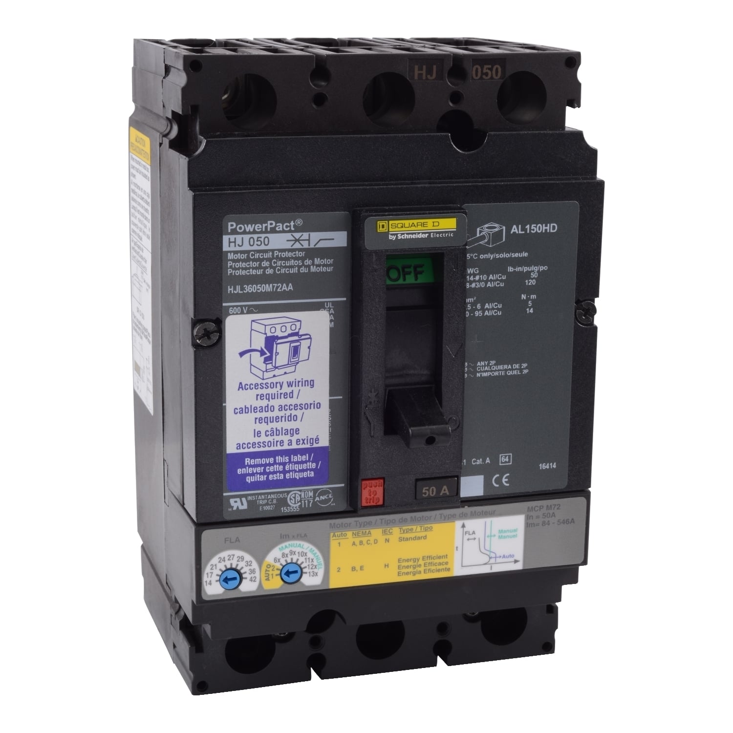 HJL36050M72BC PowerPact Type HJL Motor Circuit Protector, 600 V AC/250 V DC, 50 A, 65 kA at 480 VAC/25 kA at 600 VAC/100 kA at 240 VAC Interrupt, 3 Poles, Thermal Magnetic Trip