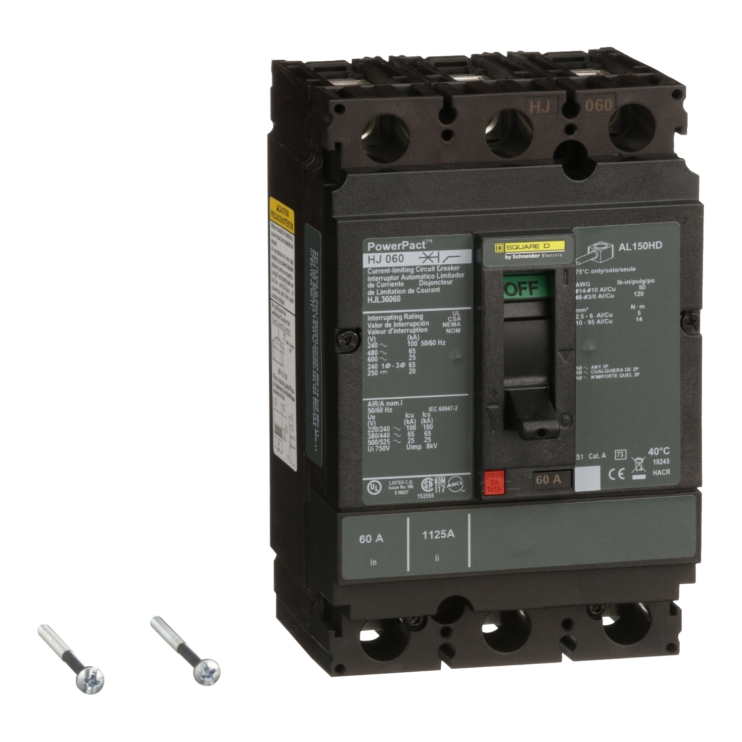 HJL36060 PowerPact 80% Rated Type HJL Molded Case Circuit Breaker, 600 V AC/250 V DC, 60 A, 100 kA at 240 VAC/65 kA at 480 VAC/25 kA at 600 VAC/20 kA at 250VDC Interrupt, 3 Poles, Thermal Magnetic Trip