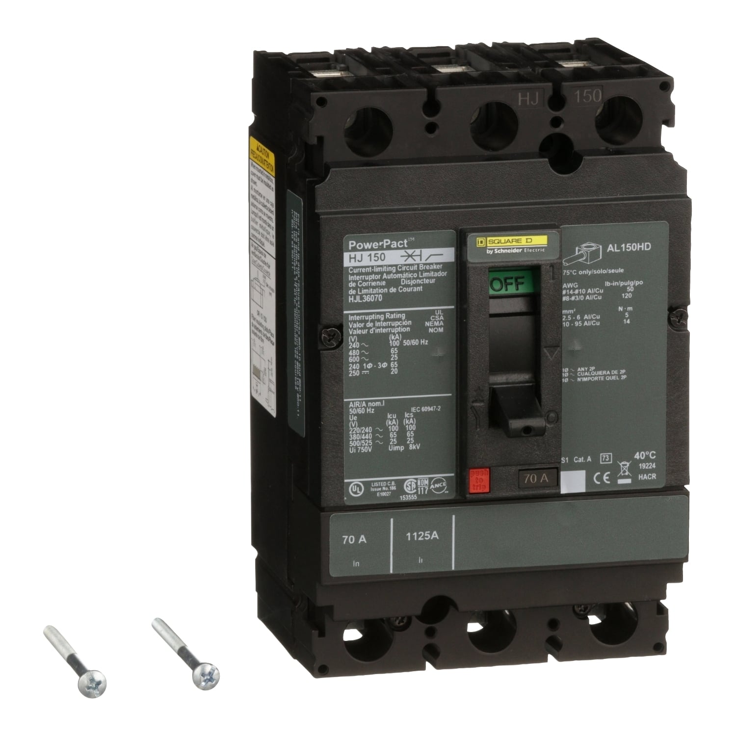 HJL36070 HJL Molded Case Circuit Breaker, 600 V AC/250 V DC, 70 A, 100 kA at 240 VAC/65 kA at 480 VAC/25 kA at 600 VAC/20 kA at 250VDC Interrupt, 3 Poles, Thermal Magnetic Trip