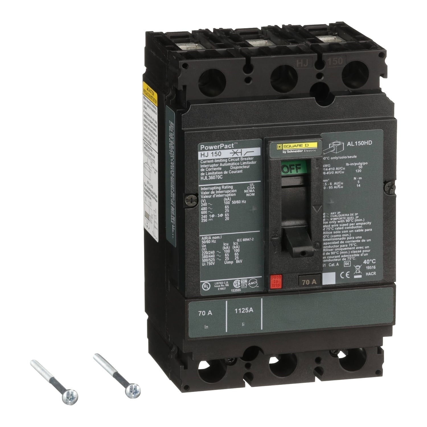 HJL36070C PowerPact Type HJL 100% Rated Molded Case Circuit Breaker, 600 V AC/250 V DC, 70 A, 20/25/65/100 kA Interrupt, 3 Poles, Thermal Magnetic Trip