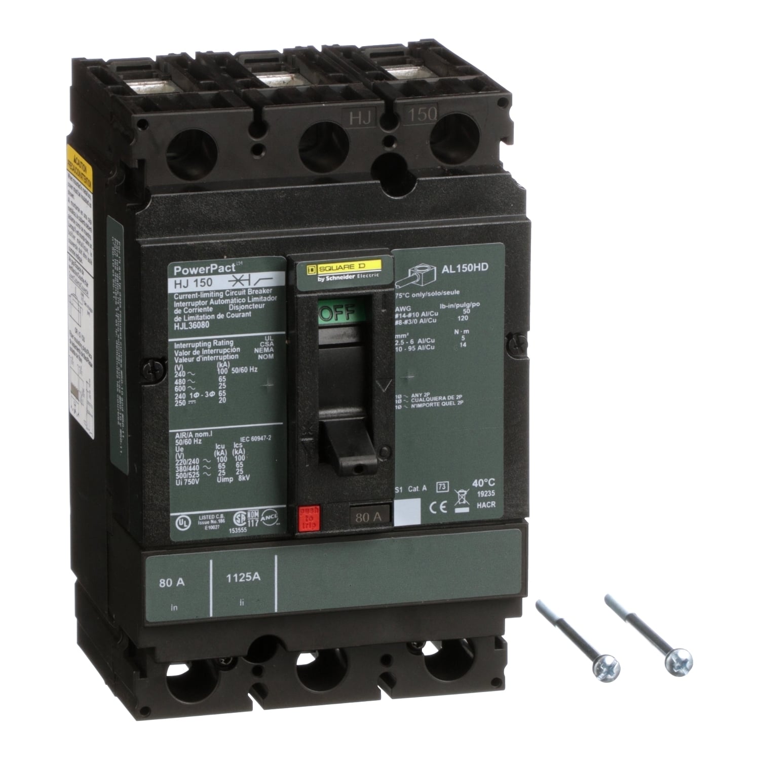 HJL36080 PowerPact 80% Rated Type HJL Molded Case Circuit Breaker, 600 V AC/250 V DC, 80 A, 100 kA at 240 VAC/65 kA at 480 VAC/25 kA at 600 VAC/20 kA at 250VDC Interrupt, 3 Poles, Thermal Magnetic Trip