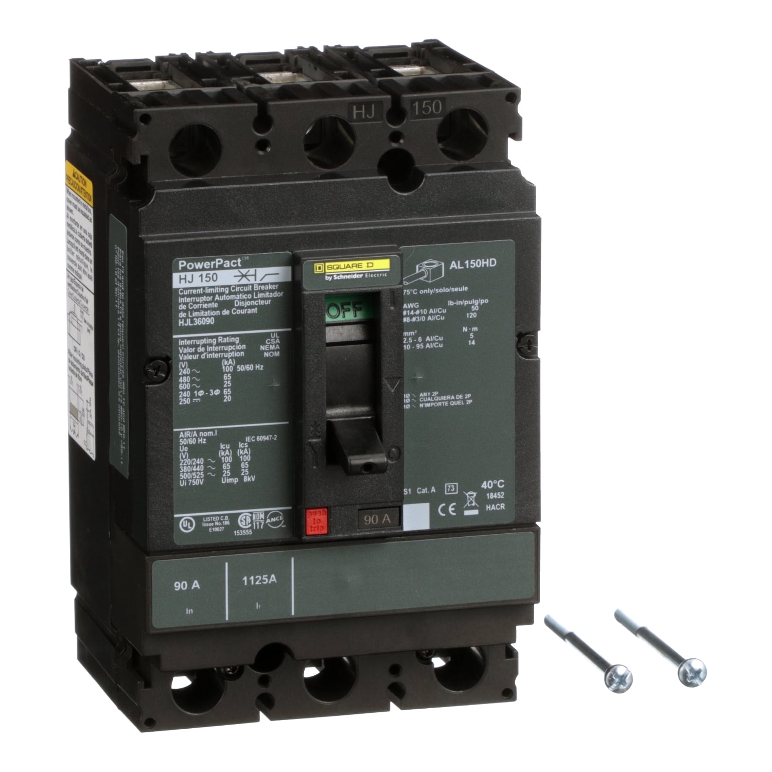 HJL36090 PowerPact 80% Rated Type HJL Molded Case Circuit Breaker, 600 V AC/250 V DC, 90 A, 250 VDC/600 VAC/65 kA at 480 VAC/25 kA at 600 VAC/100 kA at 240 VAC/20 kA at 250 VDC Interrupt, 3 Poles, Thermal Magnetic Trip