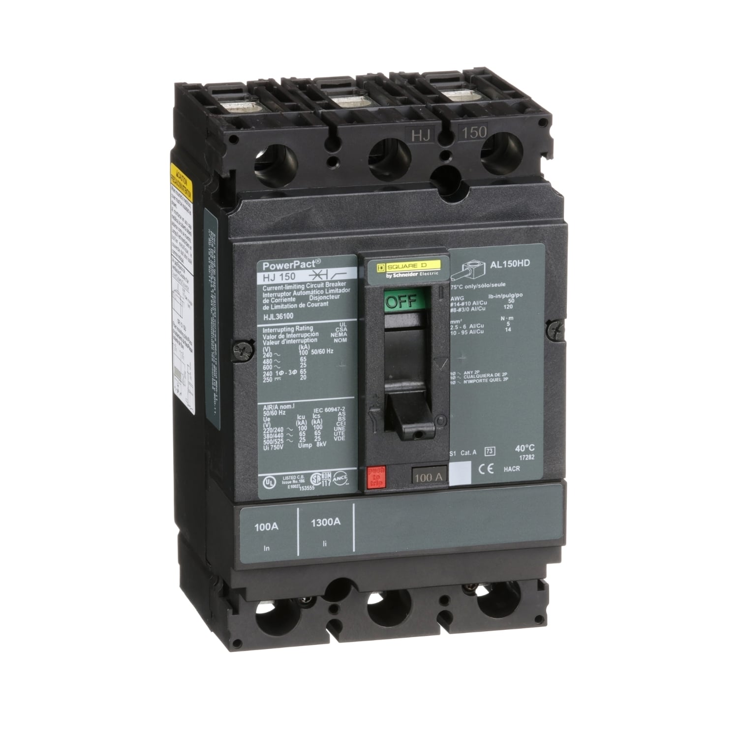 HJL36100 PowerPact 80% Rated Type HJL Molded Case Circuit Breaker, 600 V AC/250 V DC, 100 A, 100 kA at 240 VAC/65 kA at 480 VAC/25 kA at 600 VAC/20 kA at 250VDC Interrupt, 3 Poles, Thermal Magnetic Trip