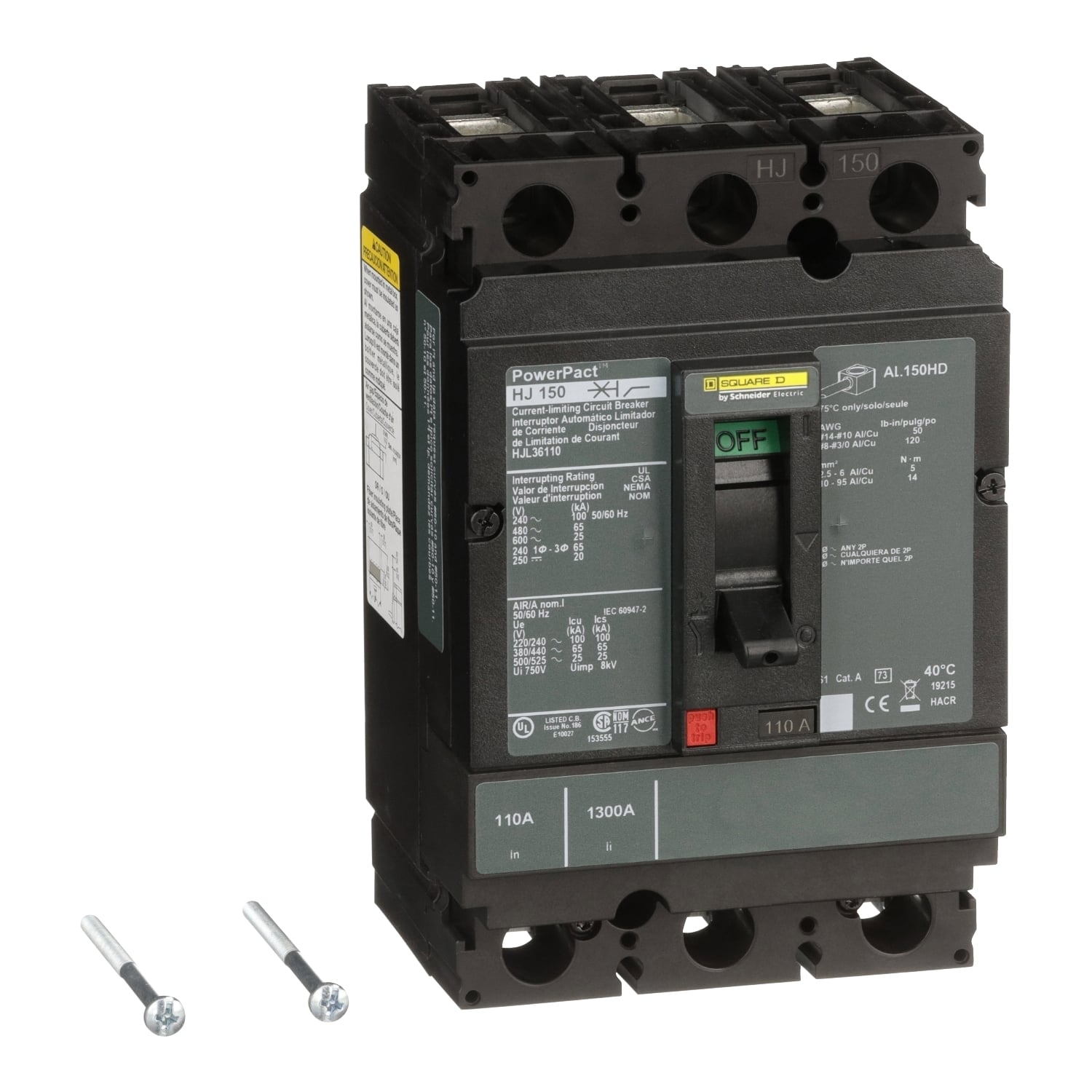 HJL36110 PowerPact Type HJL Molded Case Circuit Breaker, 600 V AC/250 V DC, 110 A, 100 kA at 240 VAC/65 kA at 480 VAC/25 kA at 600 VAC/20 kA at 250 VDC Interrupt, 3 Poles, Thermal Magnetic Trip