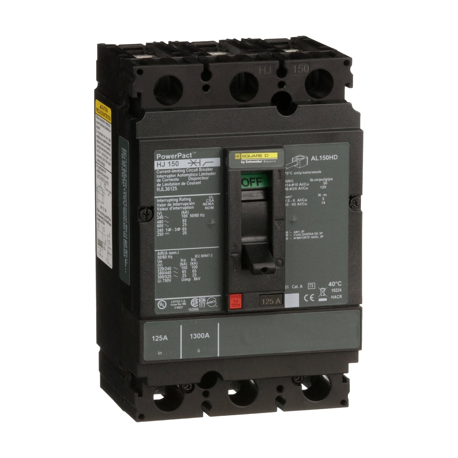 HJL36125 PowerPact 80% Rated Type HJL Molded Case Circuit Breaker, 600 V AC/250 V DC, 125 A, 100 kA at 240 VAC/65 kA at 480 VAC/25 kA at 600 VAC/20 kA at 250VDC Interrupt, 3 Poles, Thermal Magnetic Trip