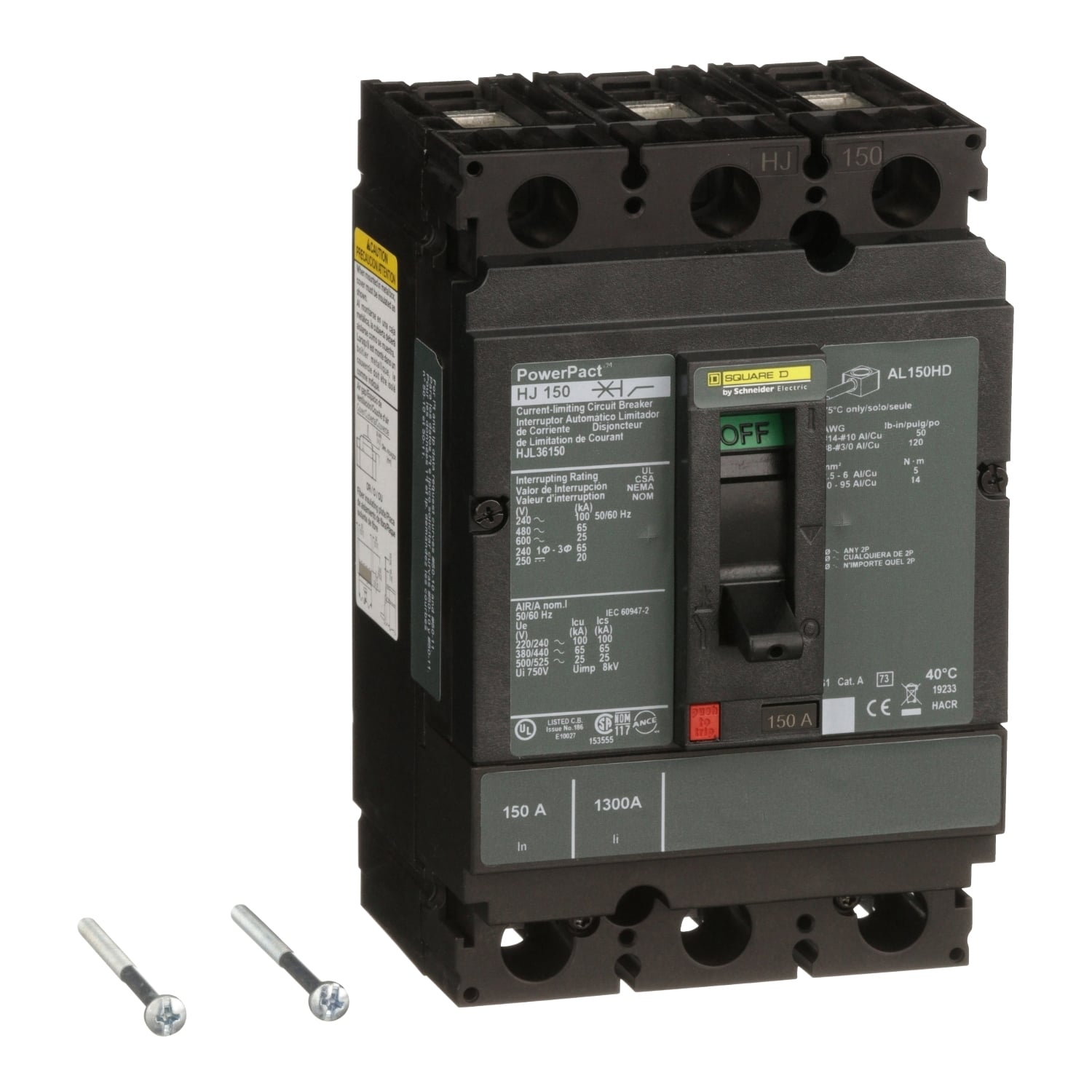 HJL36150 PowerPact 80% Rated Type HJL Molded Case Circuit Breaker, 600 V AC/250 V DC, 150 A, 100 kA at 240 VAC/65 kA at 480 VAC/25 kA at 600 VAC/20 kA at 250VDC Interrupt, 3 Poles, Thermal Magnetic Trip