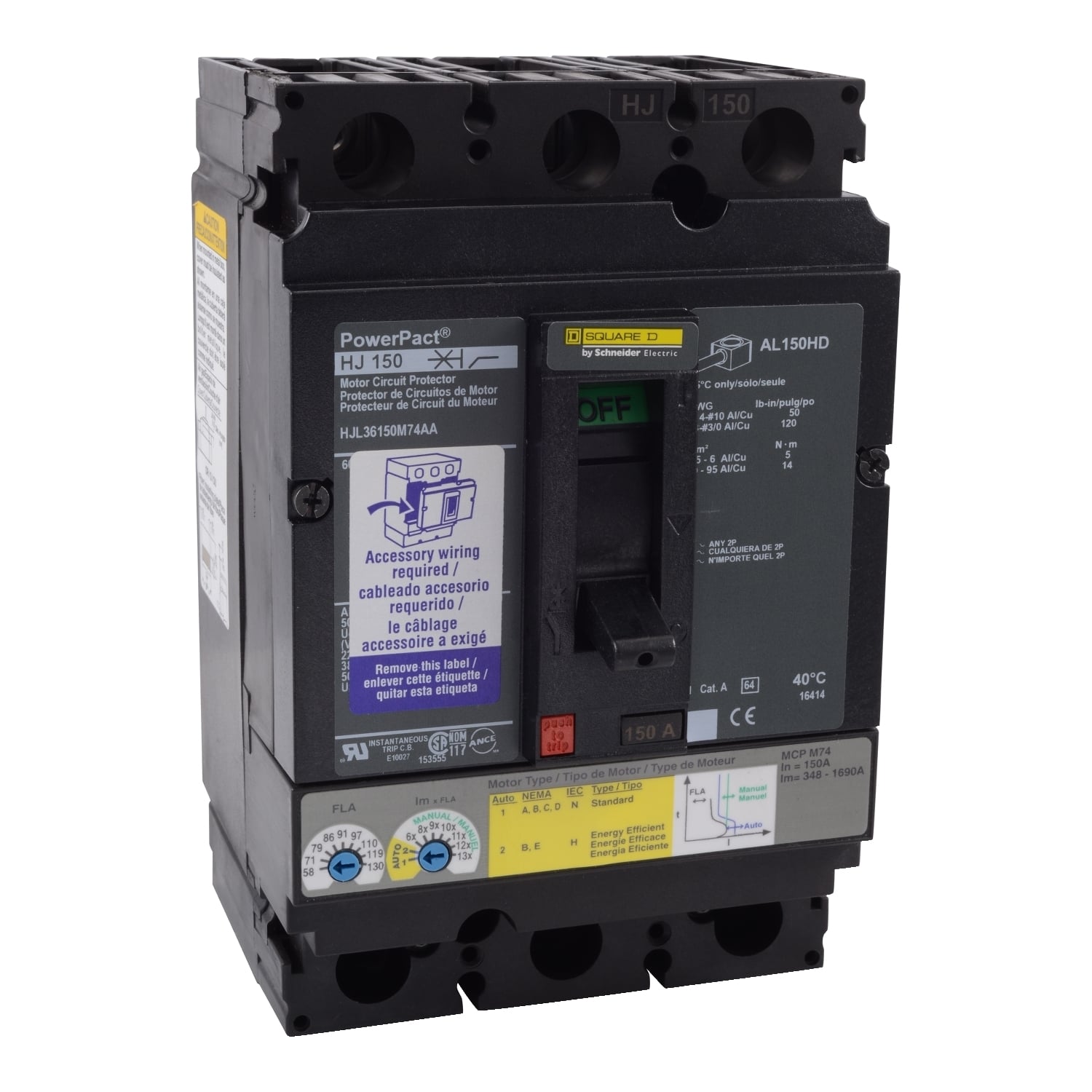HJL36150M74AA PowerPact Type HJL Motor Circuit Protector, 600 V AC/250 V DC, 150 A, 100 kA at 240 VAC, 65 kA at 480 VAC, 25 kA at 600 VAC Interrupt, 3 Poles, Magnetic Trip