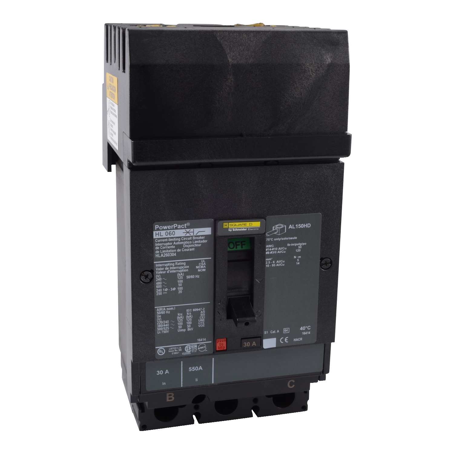 HLA36070 I-Line PowerPact Type HLA Molded Case Circuit Breaker, 600 V AC/250 to 500 V DC, 70 A, 125 kA at 240 VAC/100 kA at 480 VAC/50 kA at 600 VAC/20 kA at 250 VDC/50 kA at 500 VDC Interrupt, 3 Poles, Thermal Magnetic Trip