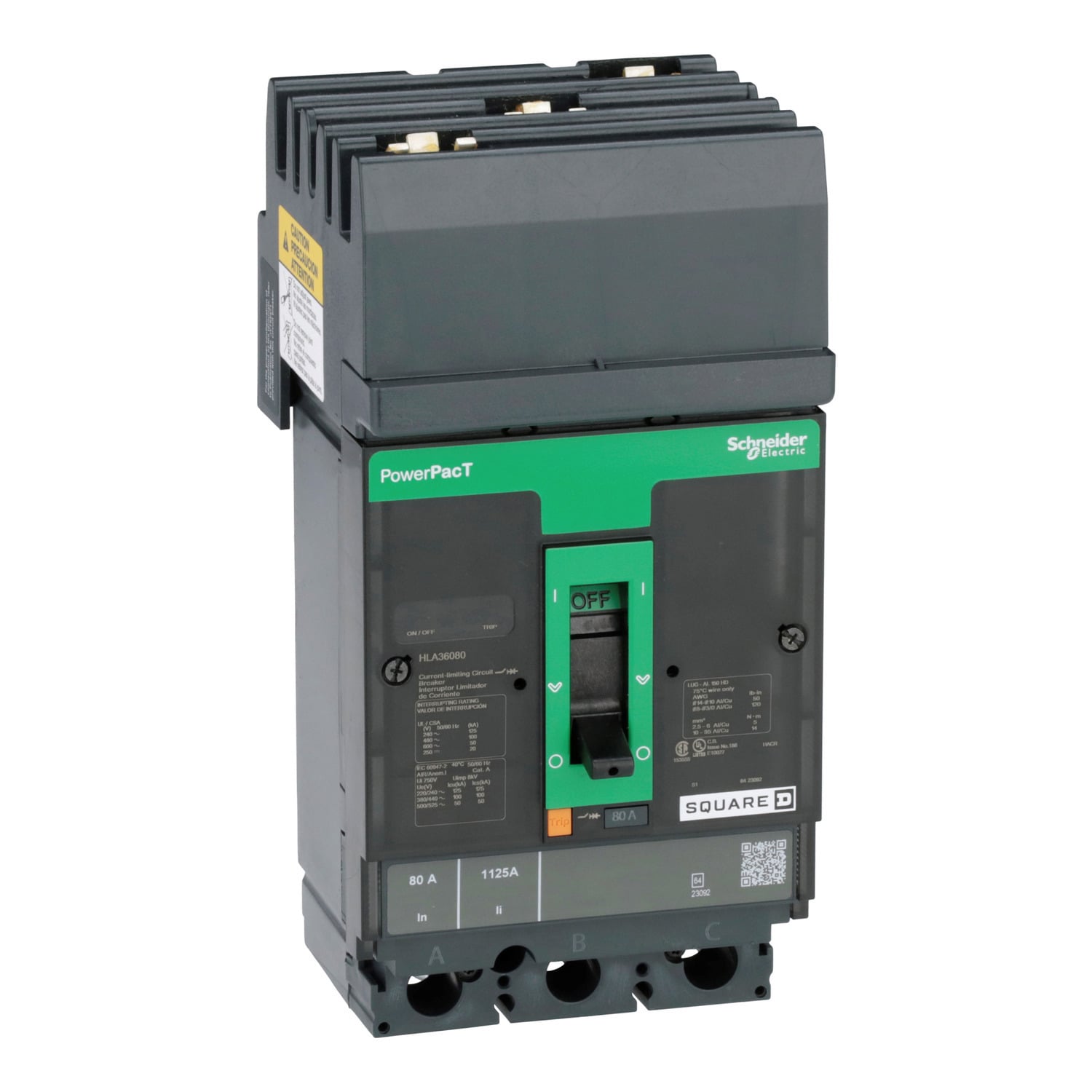 HLA36080 I-Line PowerPact Type HLA Molded Case Circuit Breaker, 600 V AC/250 to 500 V DC, 80 A, 125 kA at 240 VAC/100 kA at 480 VAC/50 kA at 600 VAC/20 kA at 250 VDC/50 kA at 500 VDC Interrupt, 3 Poles, Thermal Magnetic Trip