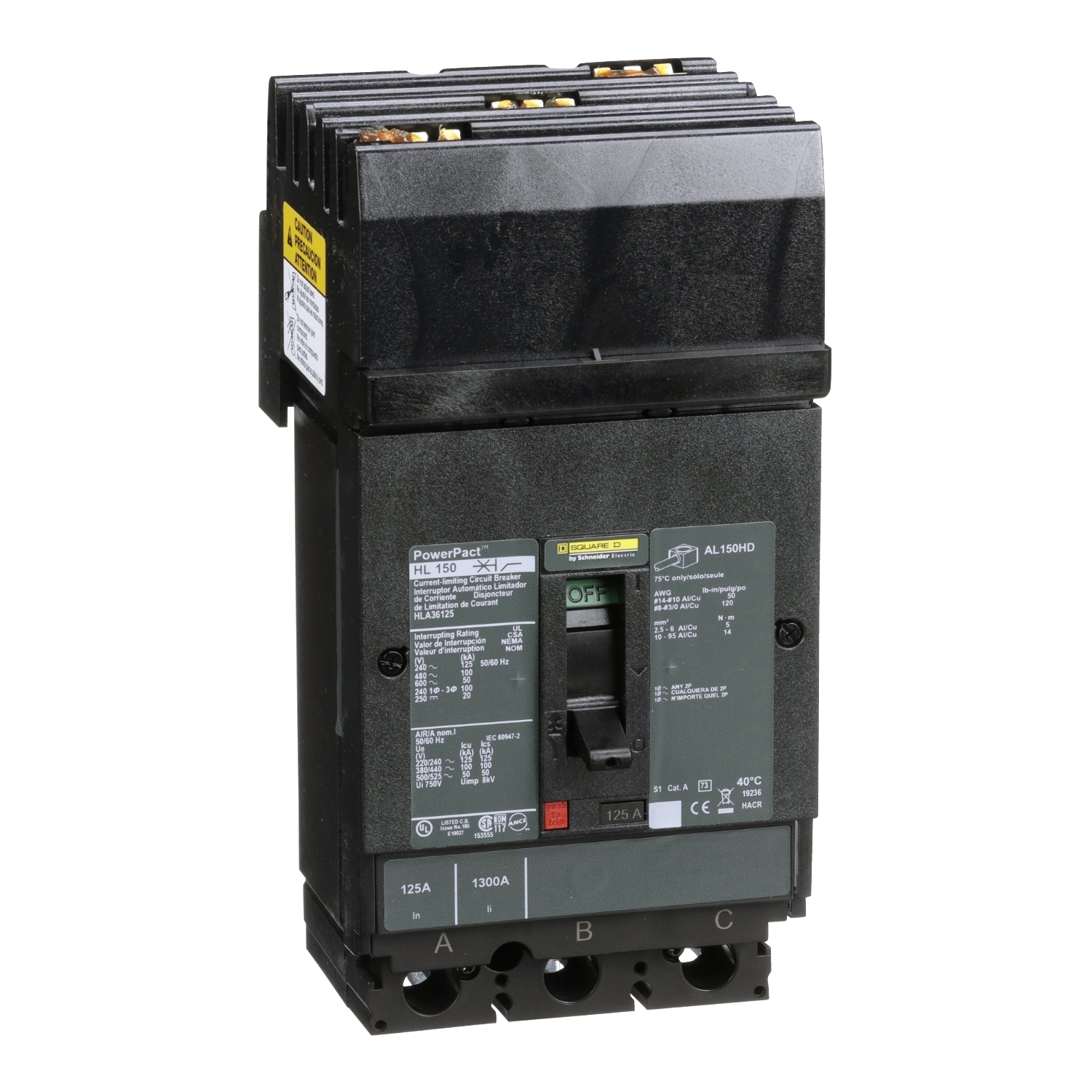 HLA36125 I-Line PowerPact 80% Rated Type HLA Molded Case Circuit Breaker, 600 V AC/250 to 500 V DC, 125 A, 125 kA at 240 VAC/100 kA at 480 VAC/50 kA at 600 VAC/20 kA at 250 VDC/50 kA at 500 VDC/250 VDC/500 VDC/600 VAC Interrupt, 3 Poles