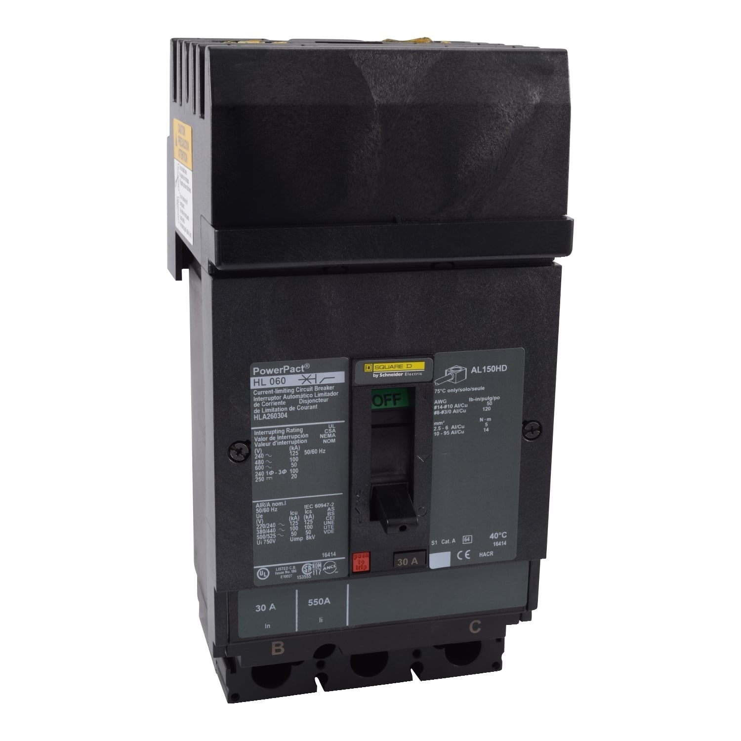 HLA36150 I-Line PowerPact 80% Rated Type HLA Molded Case Circuit Breaker, 600 V AC/250 to 500 V DC, 150 A, 125 kA at 240 VAC/100 kA at 480 VAC/50 kA at 600 VAC/20 kA at 250 VDC/50 kA at 500 VDC/250 VDC/500 VDC/600 VAC Interrupt, 3 Poles