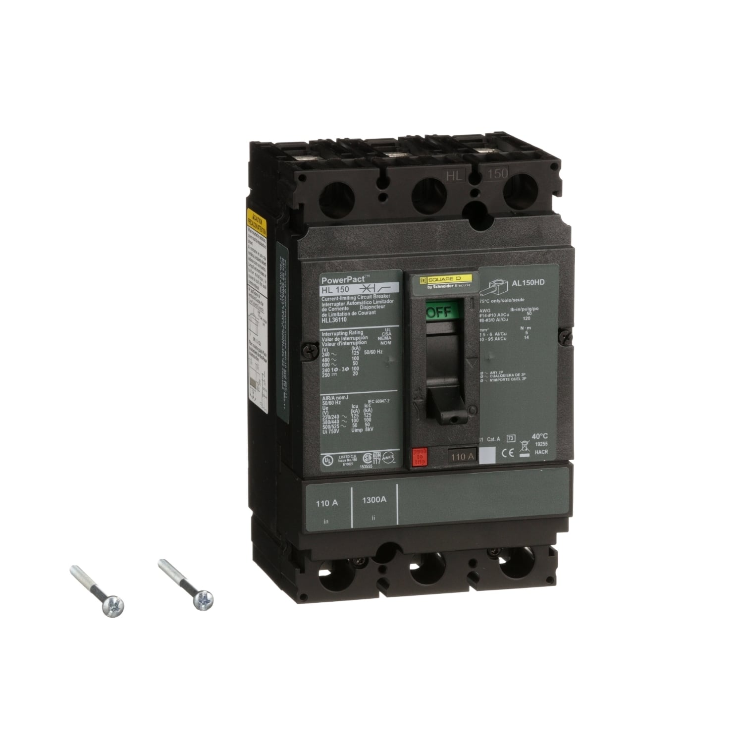 HLL36110 I-Line PowerPact 80% Rated Type HLL Molded Case Circuit Breaker, 600 V AC/250 to 500 V DC, 110 A, 125 kA at 240 VAC/100 kA at 480 VAC/50 kA at 600 VAC/20 kA at 250 VDC/50 kA at 500 VDC/250 VDC/500 VDC/600 VAC Interrupt, 3 Poles