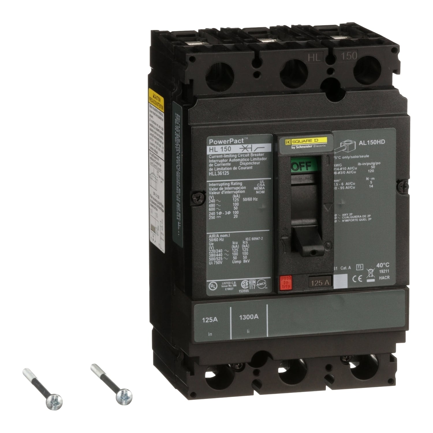 HLL36125 I-Line PowerPact Type HLL Molded Case Circuit Breaker, 600 V AC/250 to 500 V DC, 125 A, 125 kA at 240 VAC/100 kA at 480 VAC/50 kA at 600 VAC/20 kA at 250 VDC/50 kA at 500 VDC Interrupt, 3 Poles, Thermal Magnetic Trip
