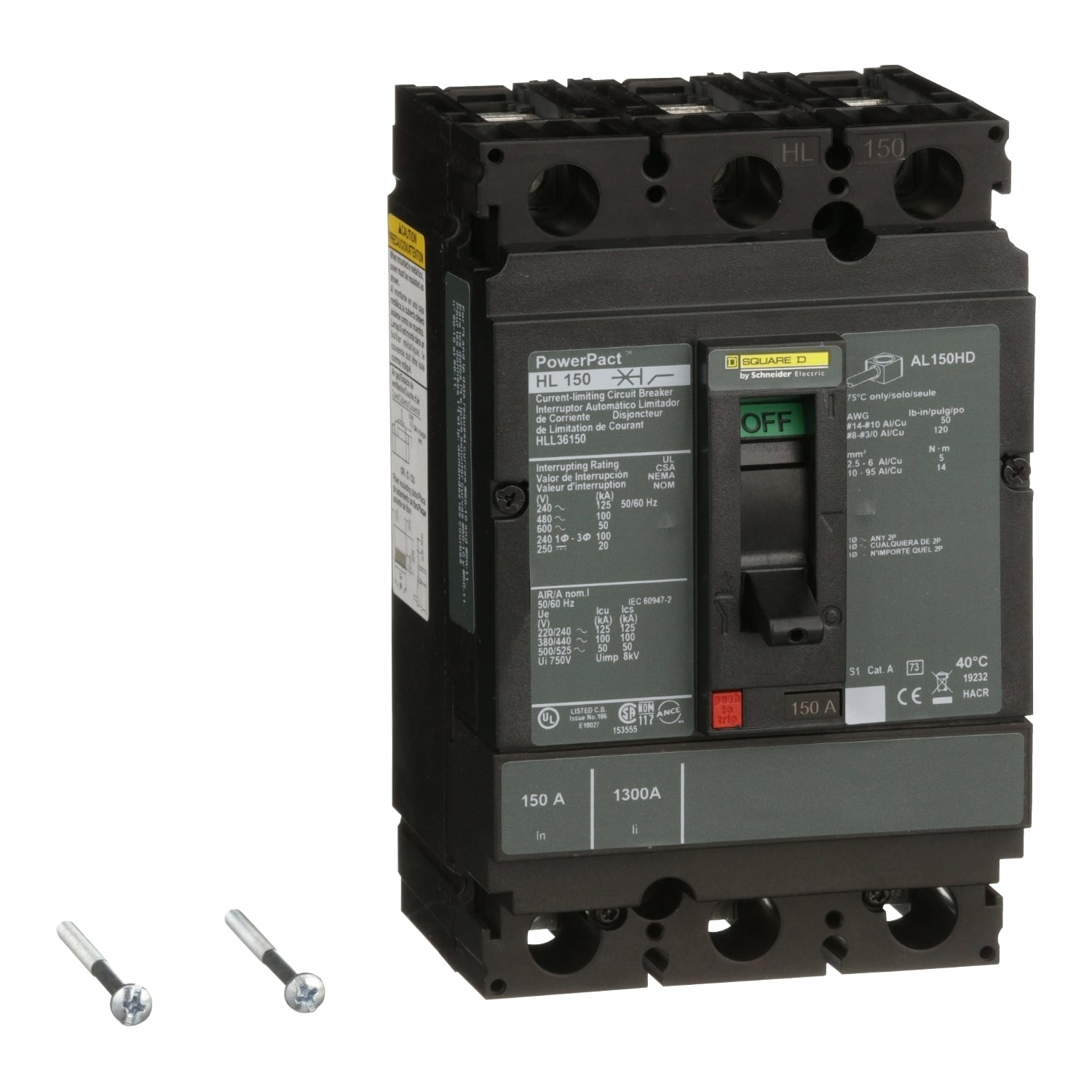 HLL36150 PowerPact 80% Rated Type HLL Molded Case Circuit Breaker, 600 V AC/250 V DC, 150 A, 125 kA at 240 VAC/100 kA at 480 VAC/50 kA at 600 VAC/20 kA at 250VDC Interrupt, 3 Poles, Thermal Magnetic Trip