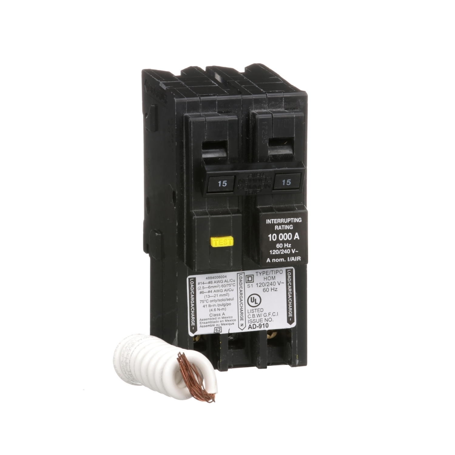 HOM215GFI Homeline Miniature Circuit Breaker, 15 Amp, 2 Pole, 120/240V