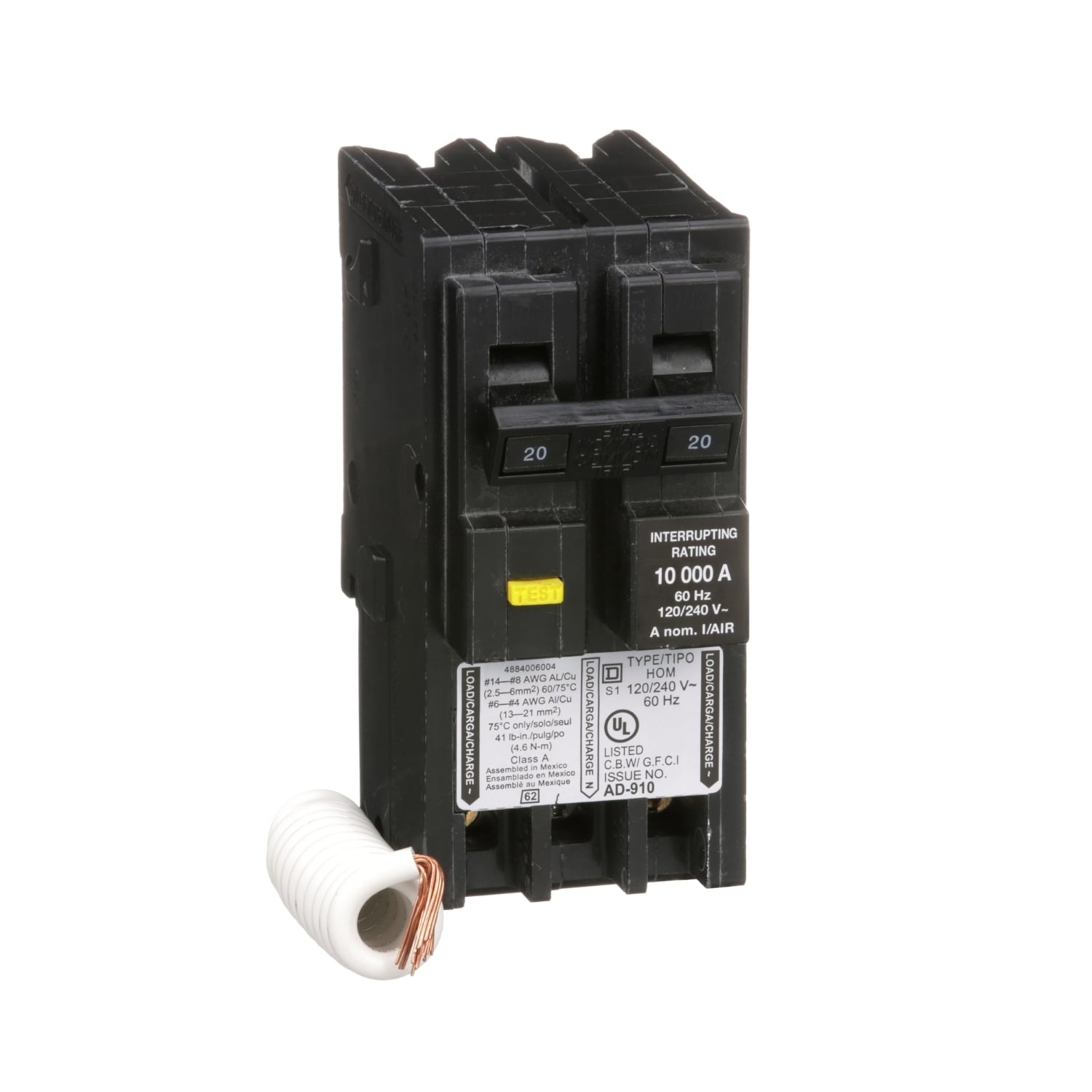 HOM220GFI Homeline Miniature Circuit Breaker, 20 Amp, 2 Pole, 120/240V