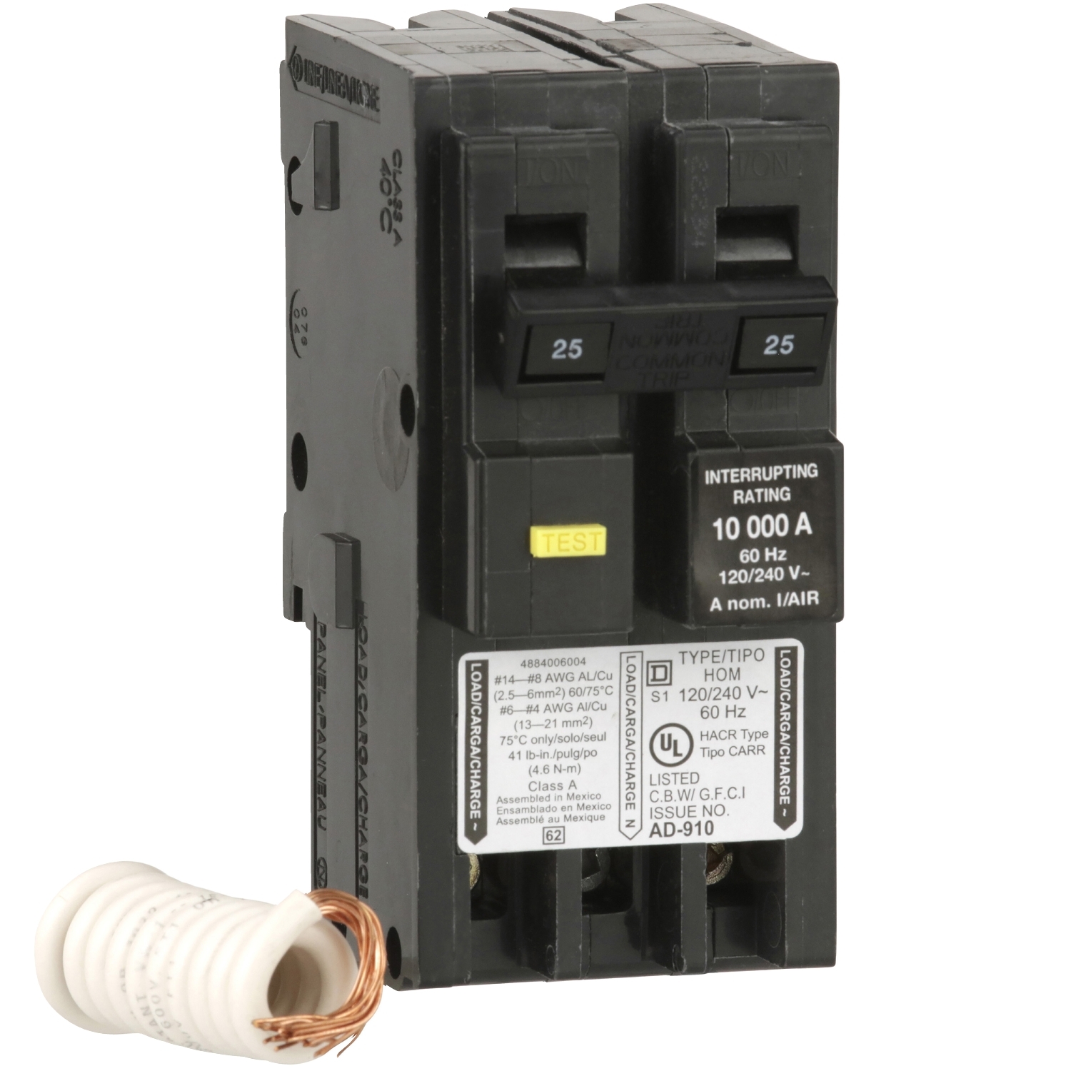 HOM225GFI Homeline Miniature Circuit Breaker, 25 Amp, 2 Pole, 120/240V