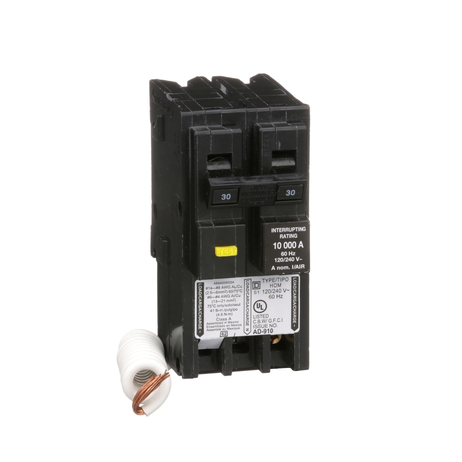 HOM230GFI Homeline Miniature Circuit Breaker, 30 Amp, 2 Pole, 120/240V