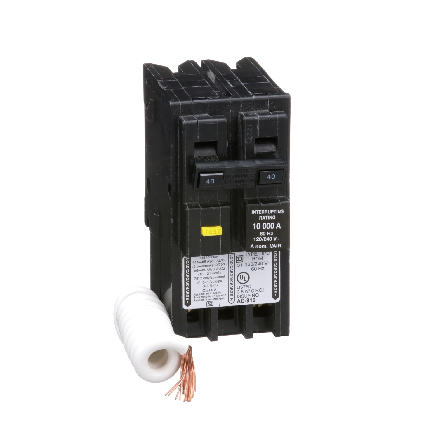 HOM240GFI Homeline Miniature Circuit Breaker, 40 Amp, 2 Pole, 120/240V