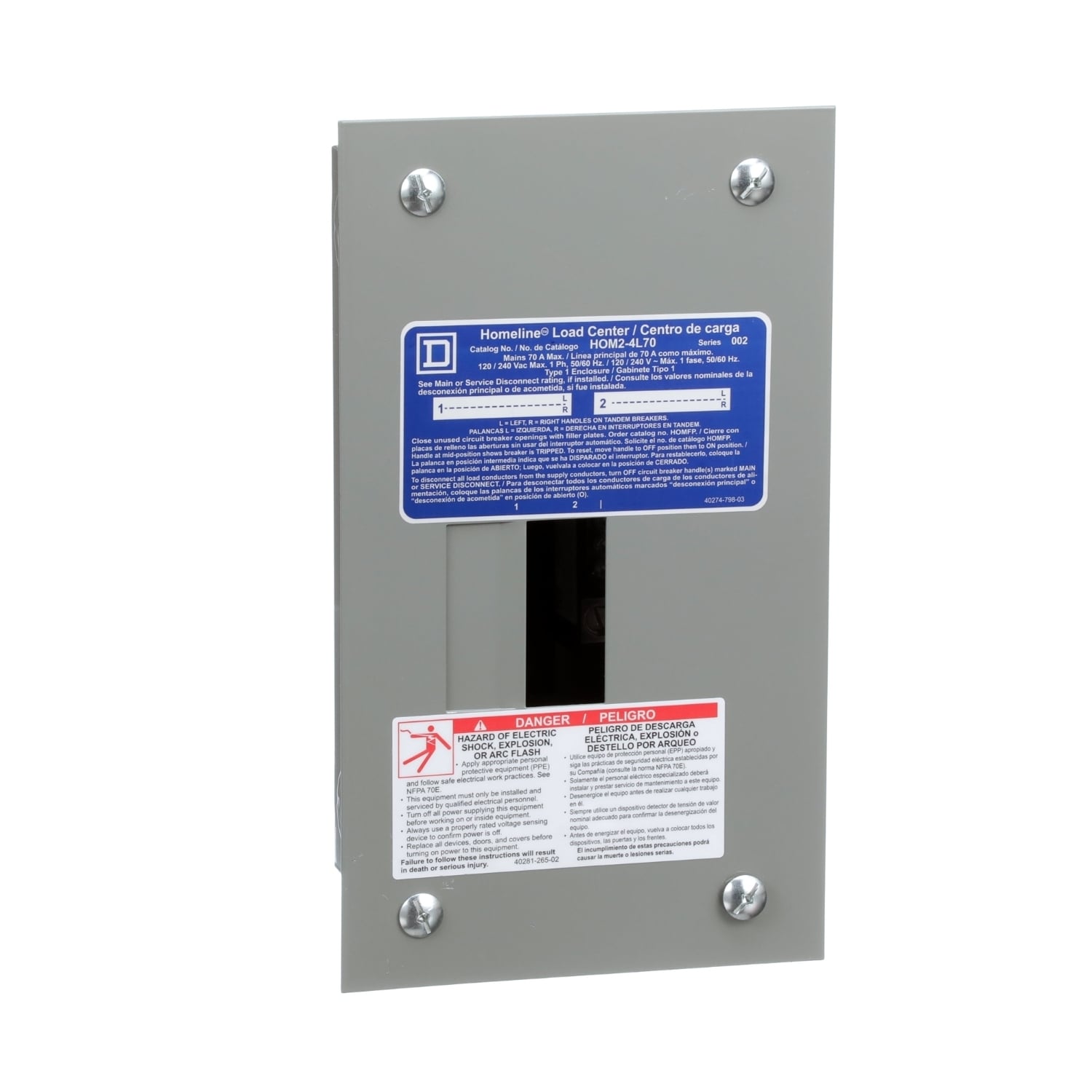 HOM24L70F Homeline Load center, Homeline, 1 phase, 2 spaces, 4 circuits, 70A fixed main lugs, NEMA1, flush cover