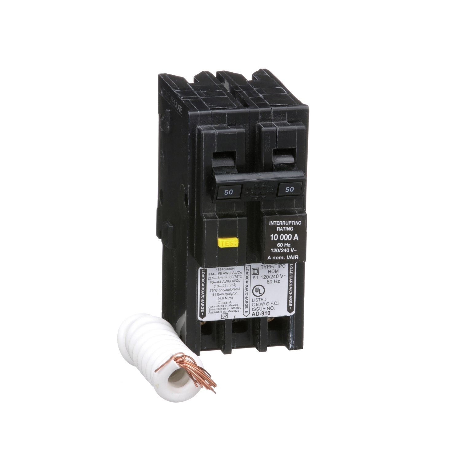 HOM250GFI Homeline Miniature Circuit Breaker, 50 Amp, 2 Pole, 120/240V