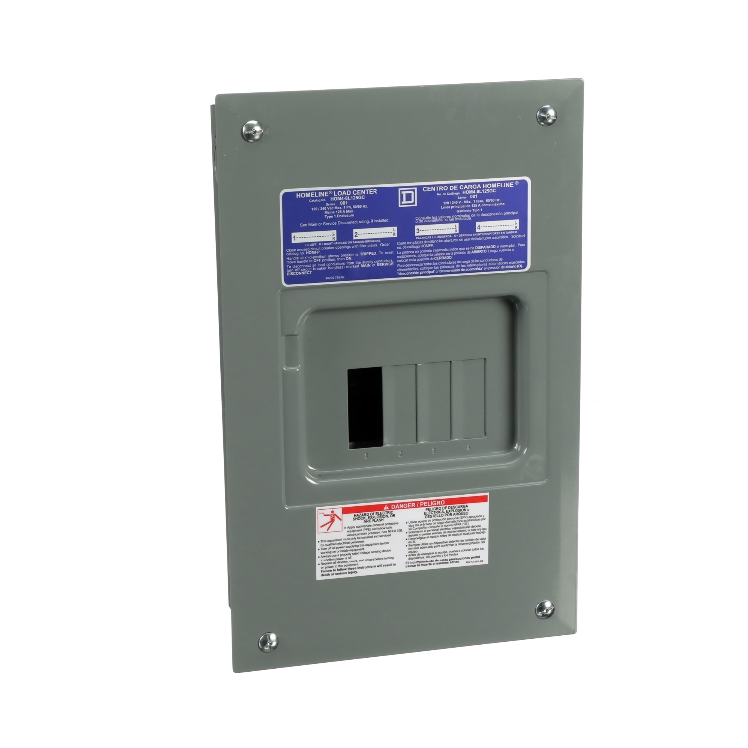 HOM48L125GC Homeline Load center, Homeline, 1 phase, 4 spaces, 8 circuits, 125A fixed main lugs, NEMA1, gnd bar, combo cover