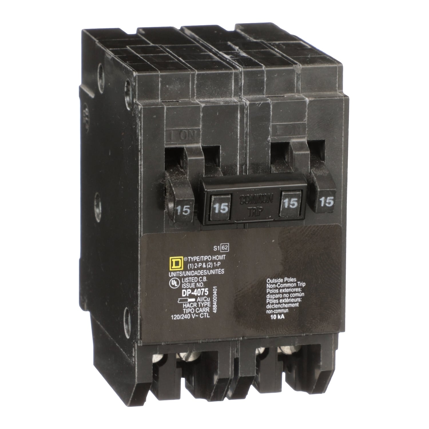 HOMT1515220 Homeline Tandem circuit breaker, Homeline, 2 x 1 pole at 15A, 1 x 2 pole at 20A, 120/240VAC, 10kA AIR, plug in, UL