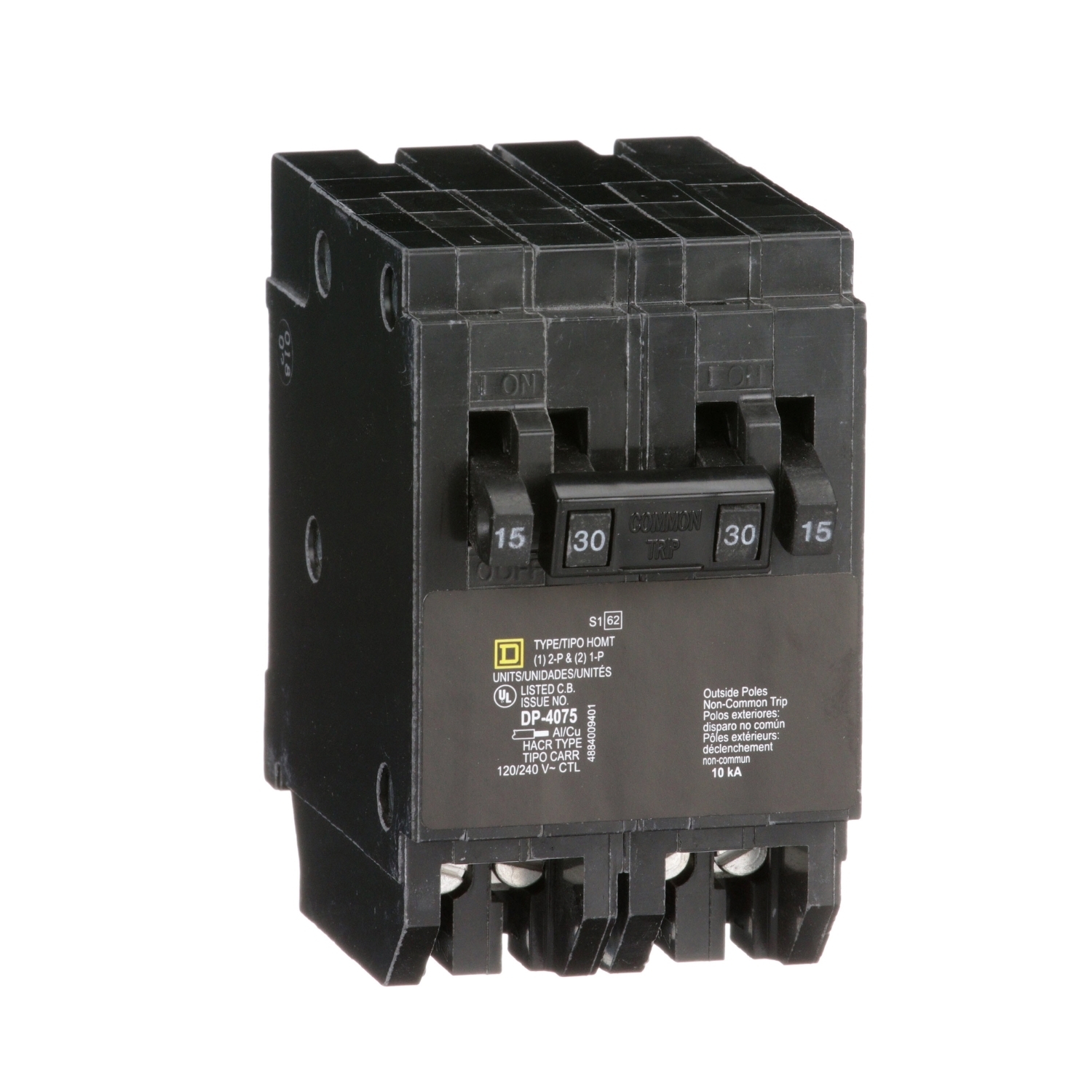 HOMT1515230 Homeline Tandem circuit breaker, Homeline, 2 x 1 pole at 15A, 1 x 2 pole at 30A, 120/240VAC, 10kA AIR, plug in, UL