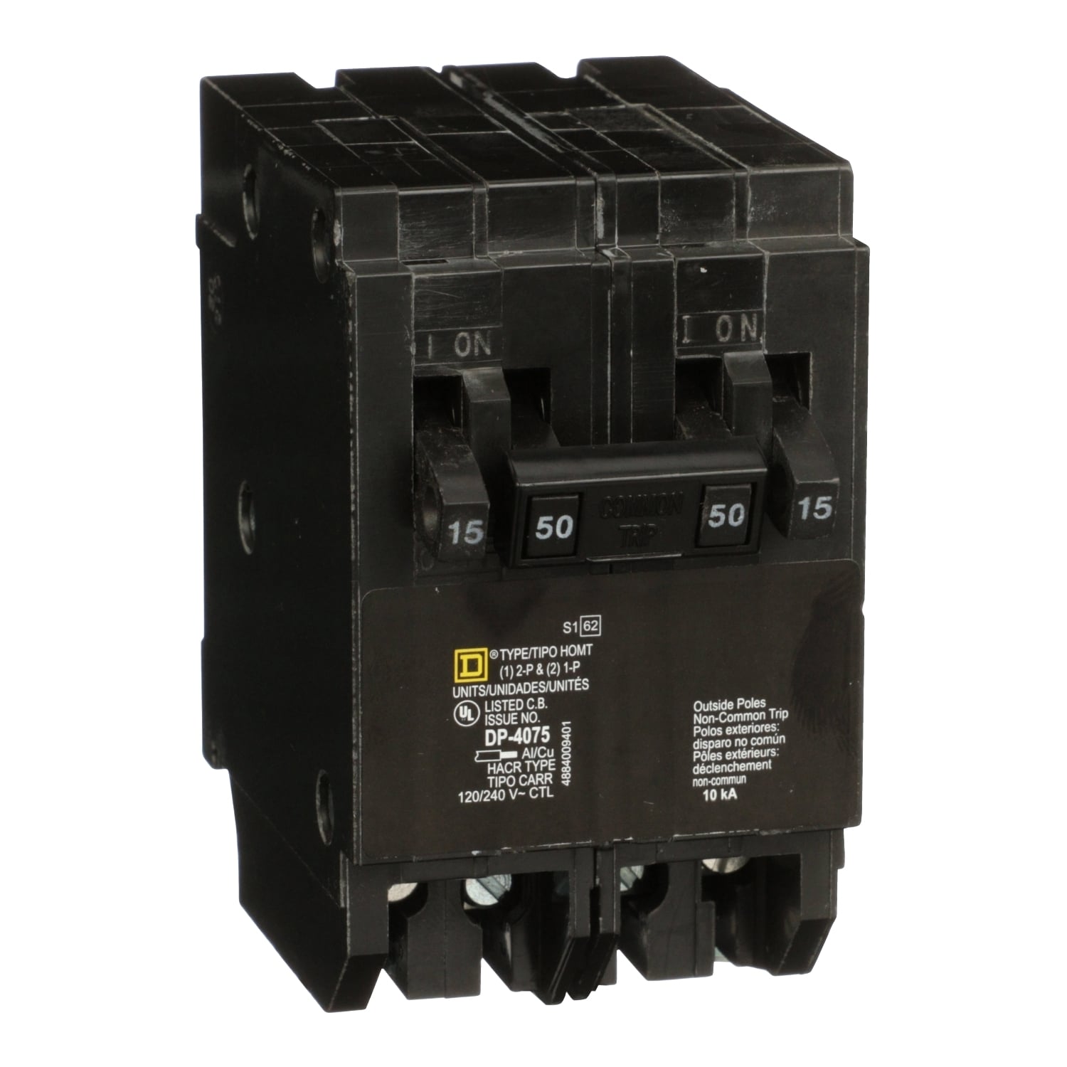 HOMT1515250 Homeline Tandem circuit breaker, Homeline, 2 x 1 pole at 15A, 1 x 2 pole at 50A, 120/240VAC, 10kA AIR, plug in, UL