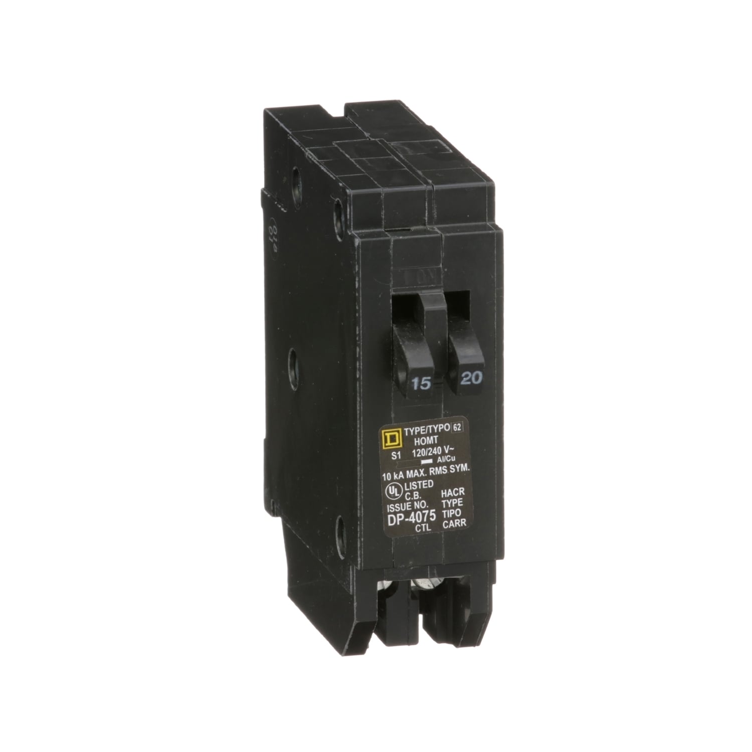 HOMT1520 Homeline Tandem circuit breaker, Homeline, 1 x 1 pole at 15A, 1 x 1 pole at 20A, 120/240VAC, 10kA AIR, plug in, UL