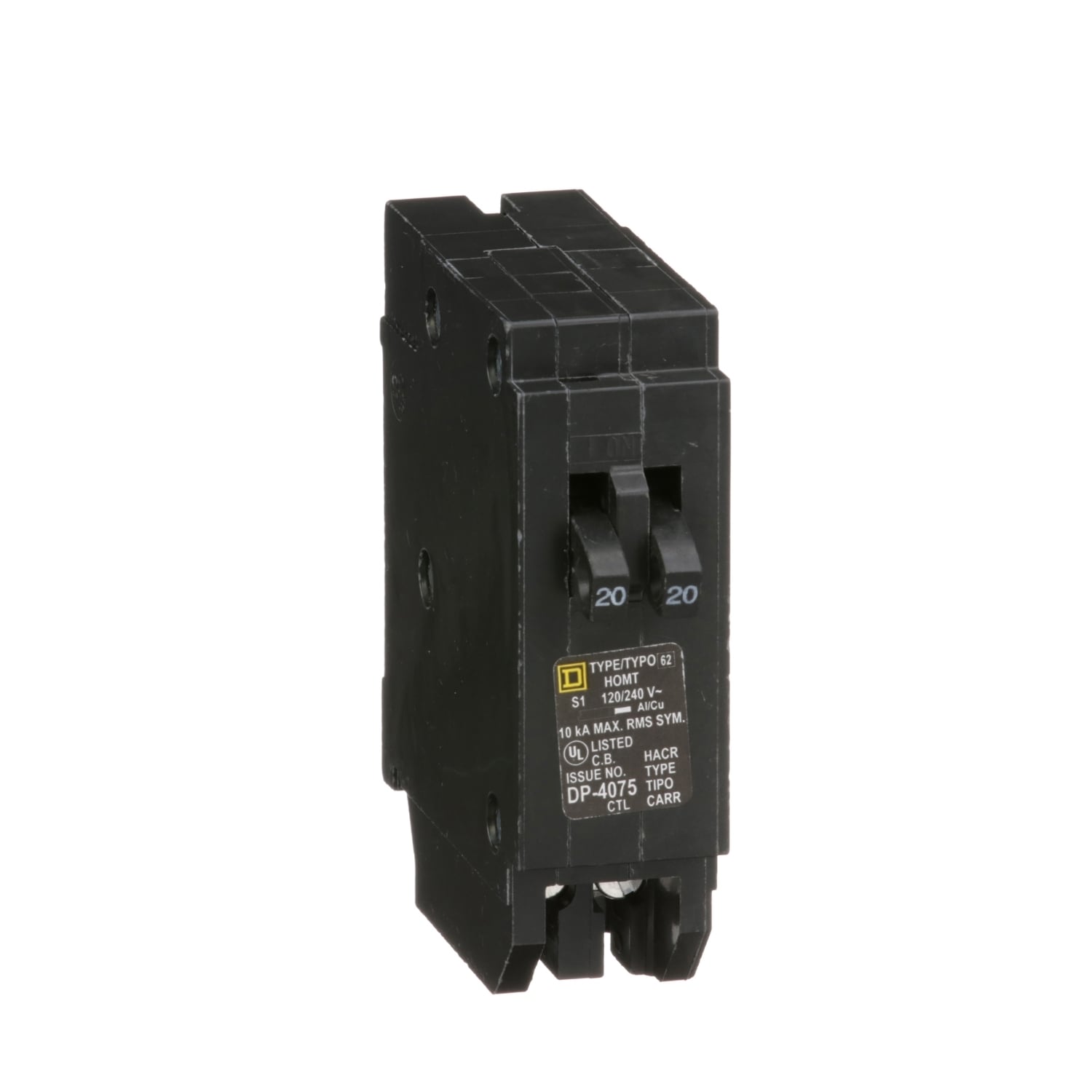 HOMT2020 Homeline Tandem circuit breaker, Homeline, 2 x 1 pole at 20A, 120/240VAC, 10kA AIR, plug in, UL