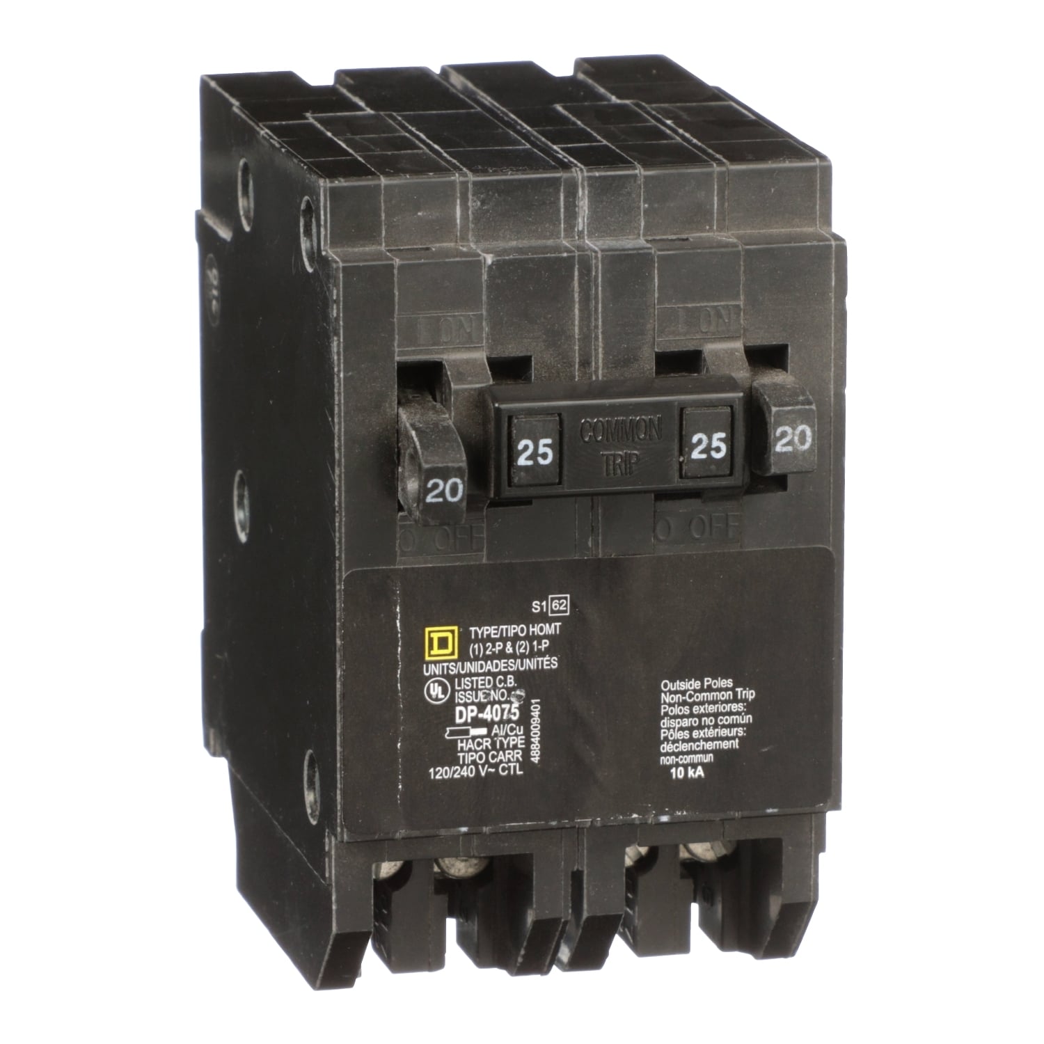 HOMT2020225 Homeline Tandem circuit breaker, Homeline, 2 x 1 pole at 20A, 1 x 2 pole at 25A, 120/240VAC, 10kA AIR, plug in, UL