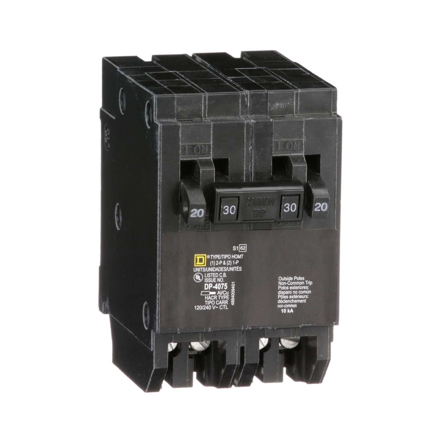 HOMT2020230 Homeline Tandem circuit breaker, Homeline, 2 x 1 pole at 20A, 1 x 2 pole at 30A, 120/240VAC, 10kA AIR, plug in, UL