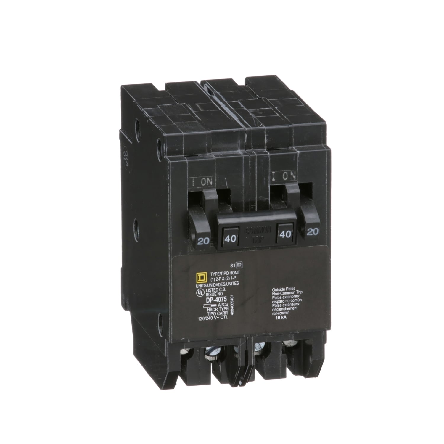 HOMT2020240 Homeline Tandem circuit breaker, Homeline, 2 x 1 pole at 20A, 1 x 2 pole at 40A, 120/240VAC, 10kA AIR, plug in, UL