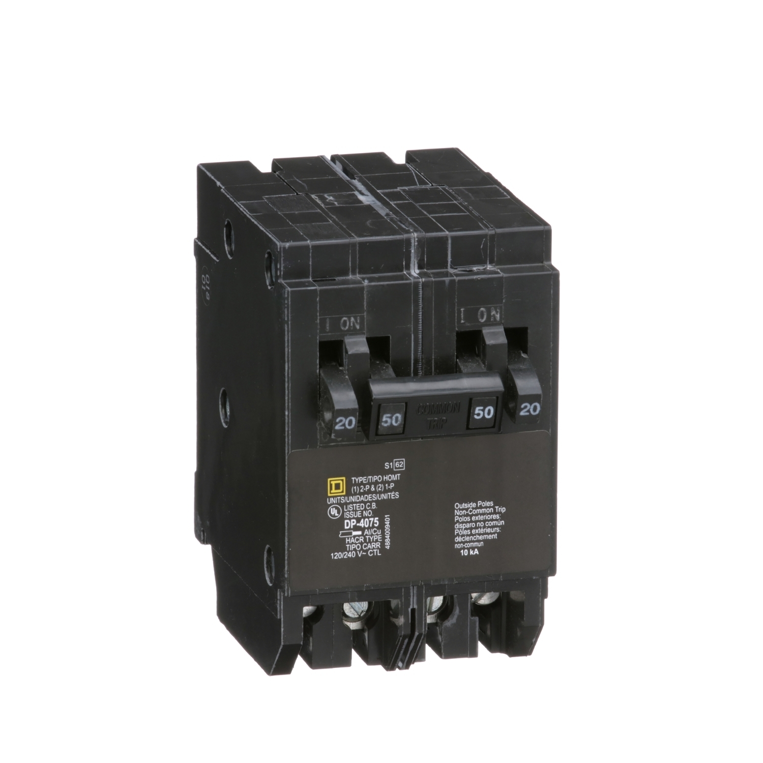 HOMT2020250 Homeline Tandem circuit breaker, Homeline, 2 x 1 pole at 20A, 1 x 2 pole at 50A, 120/240VAC, 10kA AIR, plug in, UL