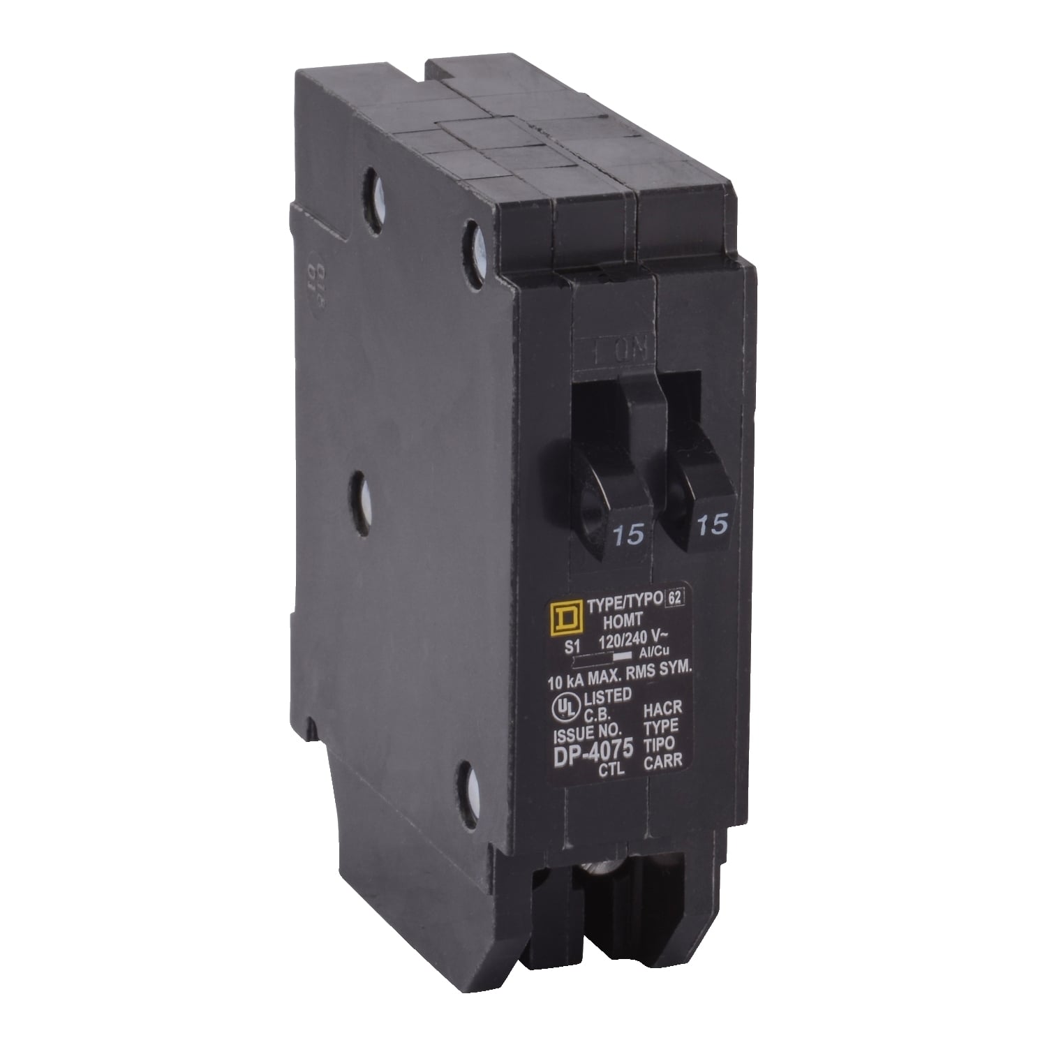 HOMT3015 Homeline Tandem circuit breaker, Homeline, 1 x 1 pole at 30A, 1 x 1 pole at 15A, 120/240VAC, 10kA AIR, plug in, UL