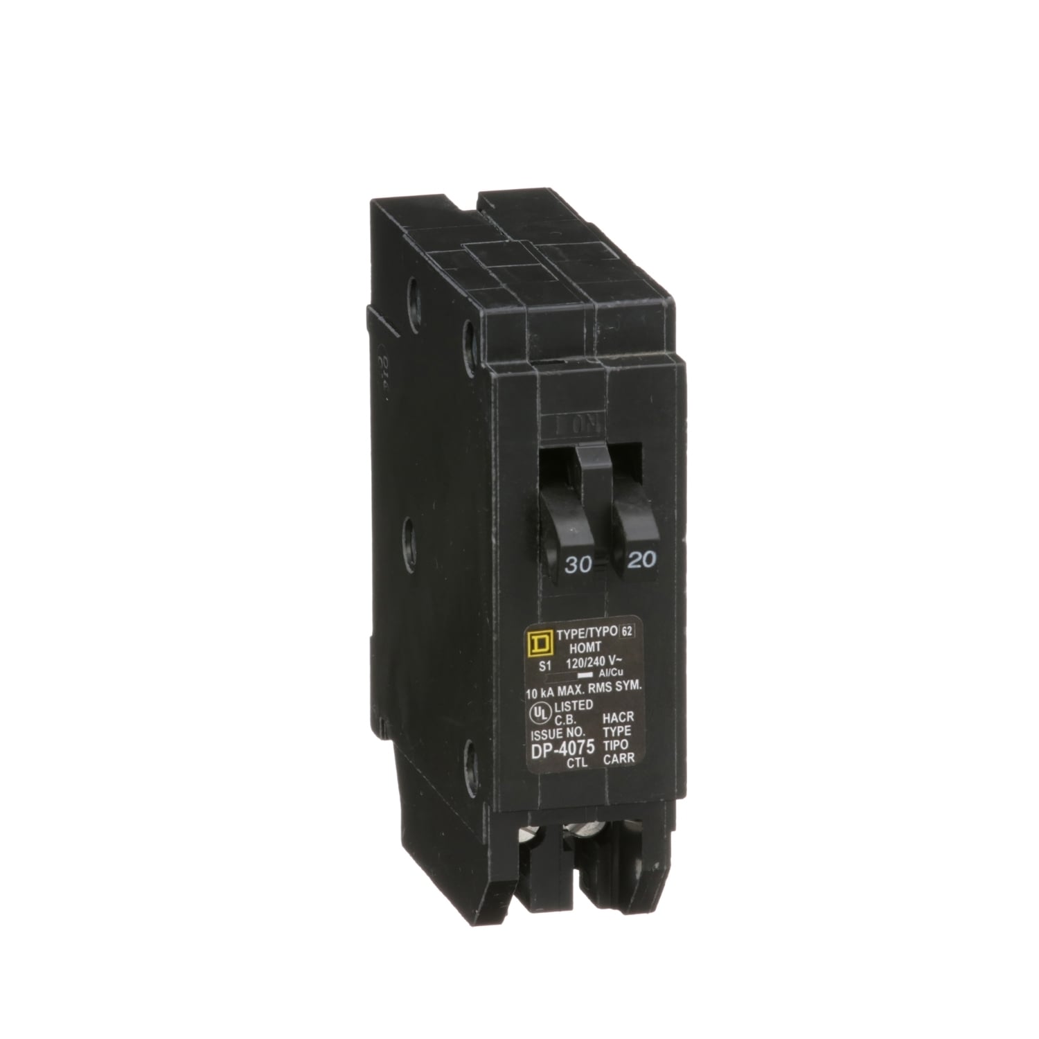 HOMT3020 Homeline Tandem circuit breaker, Homeline, 1 x 1 pole at 30A, 1 x 1 pole at 20A, 120/240VAC, 10kA AIR, plug in, UL