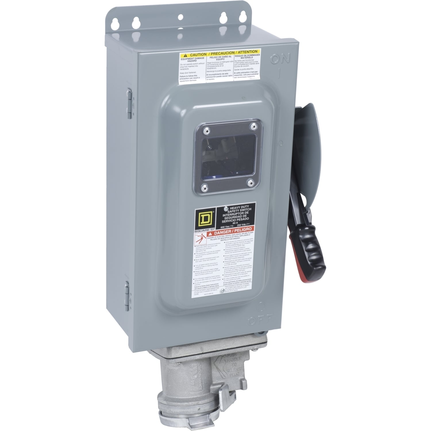 HU362AWCVW F7 Dusttight Driptight Iceproof Non-Fusible Rainproof Sleetproof Heavy Duty Safety Switch With Crouse-Hinds Arktite Interlocked Receptacle, 600 V AC/DC, 60 A, 30 hp at 600 VAC 1-Phase, 60 hp at 600 VAC 3-Phase, 3PST Contact, 3 Poles