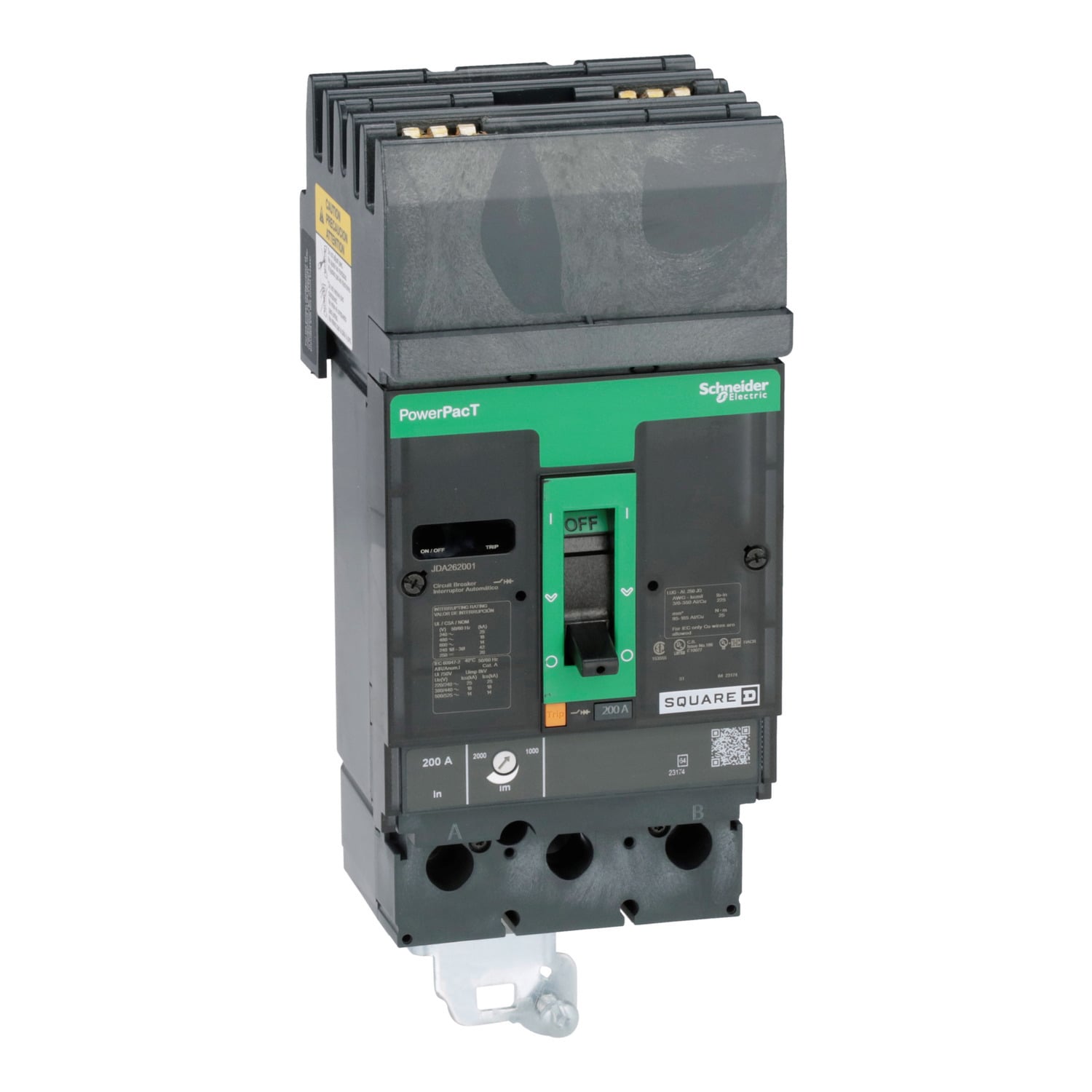 JDA262001 I-Line PowerPact J Type JDA Molded Case Circuit Breaker, 600 V AC/250 V DC, 200 A, 14/18/20/25 kA Interrupt, 2 Poles, Thermal Magnetic Trip