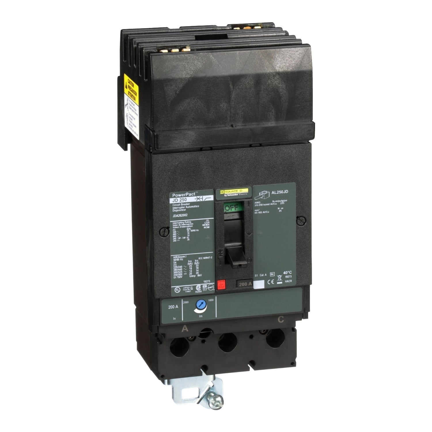 JDA262002 I-Line PowerPact Type JDA Molded Case Circuit Breaker, 600 V AC/250 V DC, 200 A, 14/18/20/25 kA Interrupt, 2 Poles, Thermal Magnetic Trip