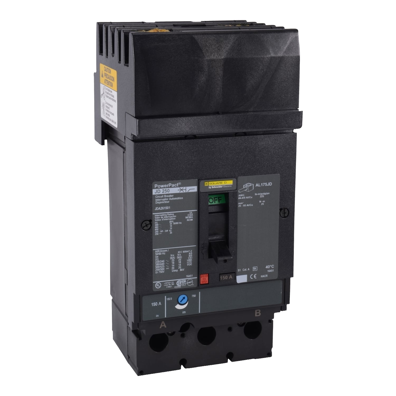 JDA262251 I-Line PowerPact J Type JDA Molded Case Circuit Breaker, 600 V AC/250 V DC, 225 A, 25 kA at 240 VAC/18 kA at 480 VAC/14 kA at 600 VAC/20 kA at 250 VDC Interrupt, 2 Poles, Thermal Magnetic Trip