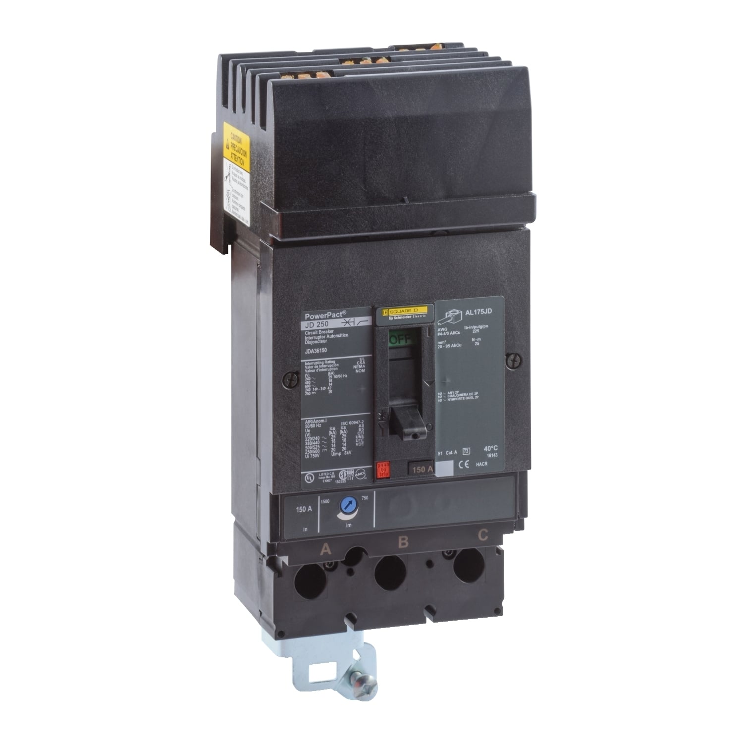 JDA36150 PowerPact Type JDA Molded Case Circuit Breaker, 600 V AC/250 V DC, 150 A, 14/20 kA Interrupt, 3 Poles, Thermal Magnetic Trip