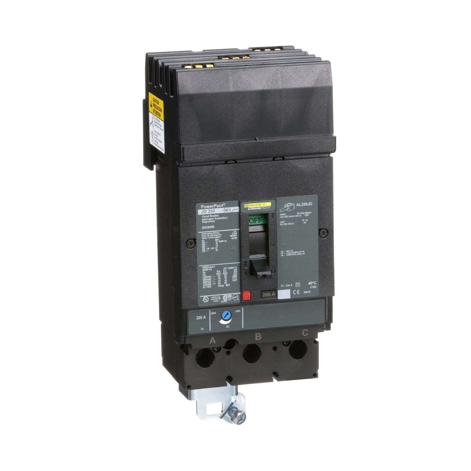 JDA36200 PowerPact Type JDA Standard Molded Case Circuit Breaker, 600 V AC/250 V DC, 200 A, 14/20 kA Interrupt, 3 Poles, Thermal Magnetic Trip