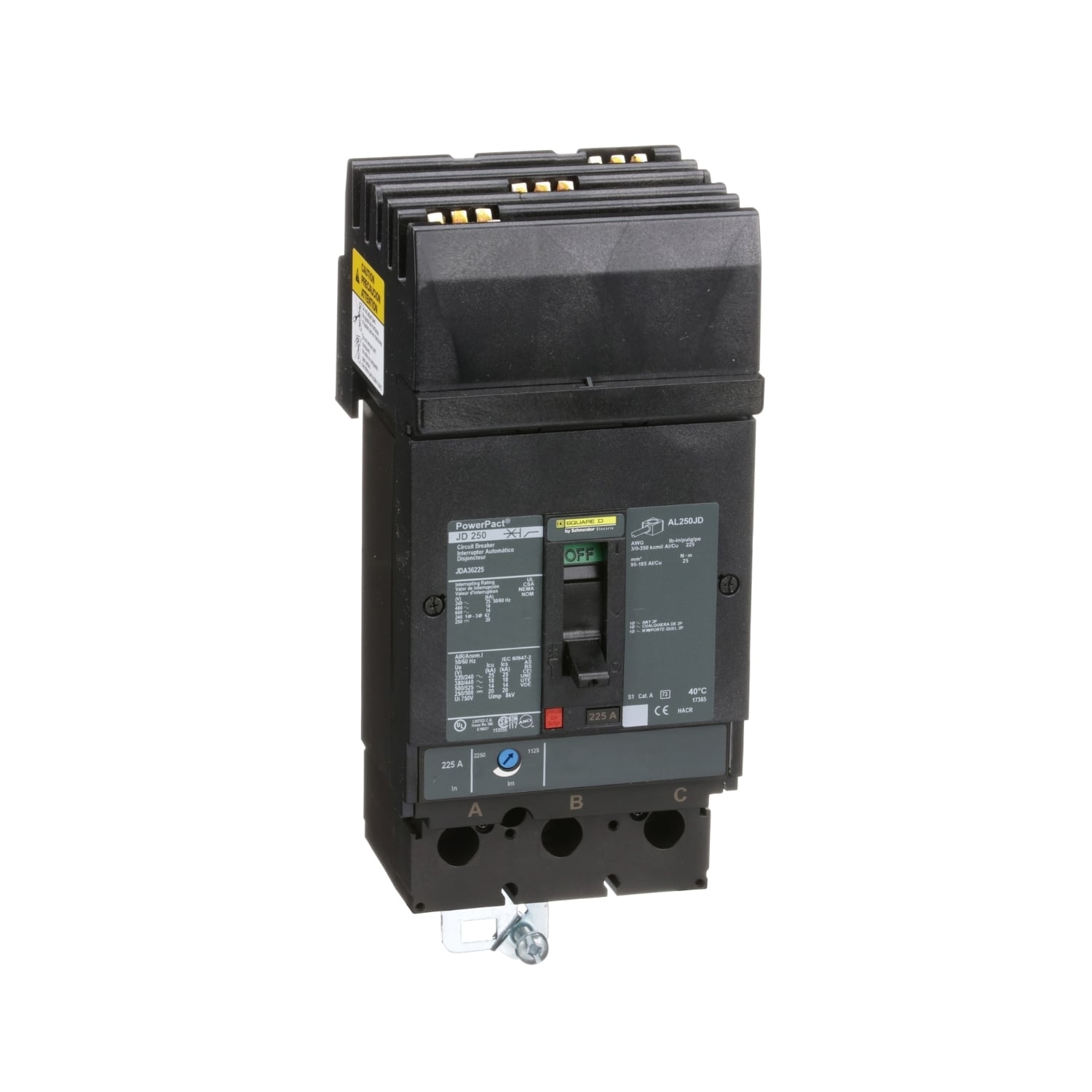 JDA36225 PowerPact Type JDA Molded Case Circuit Breaker, 600 V AC/250 V DC, 225 A, 14/20 kA Interrupt, 3 Poles, Thermal Magnetic Trip