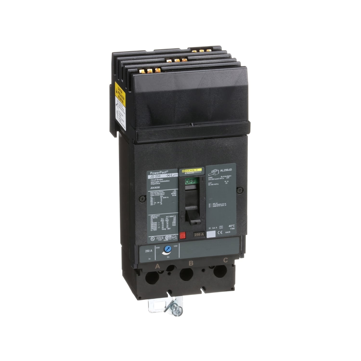 JDA36250 PowerPact Type JDA Molded Case Circuit Breaker, 600 V AC/250 V DC, 250 A, 14/20 kA Interrupt, 3 Poles, Thermal Magnetic Trip