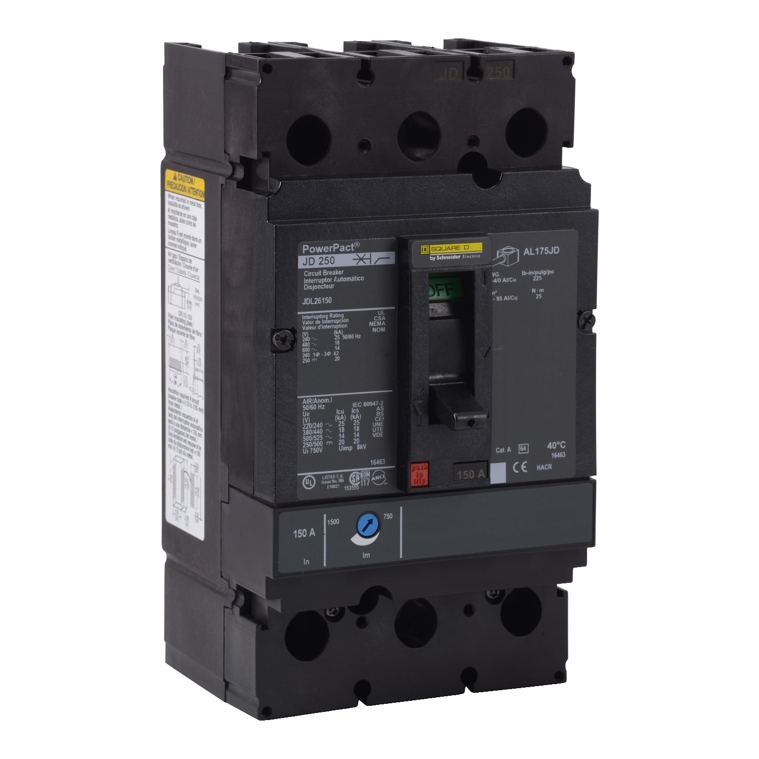JDL26150 PowerPact Type JDL Molded Case Circuit Breaker, 600 V AC/250 V DC, 150 A, 25 kA at 240 VAC/18 kA at 480 VAC/14 kA at 600 VAC/20 kA at 250 VDC/250 VDC/600 VAC Interrupt, 2 Poles, Thermal Magnetic Trip