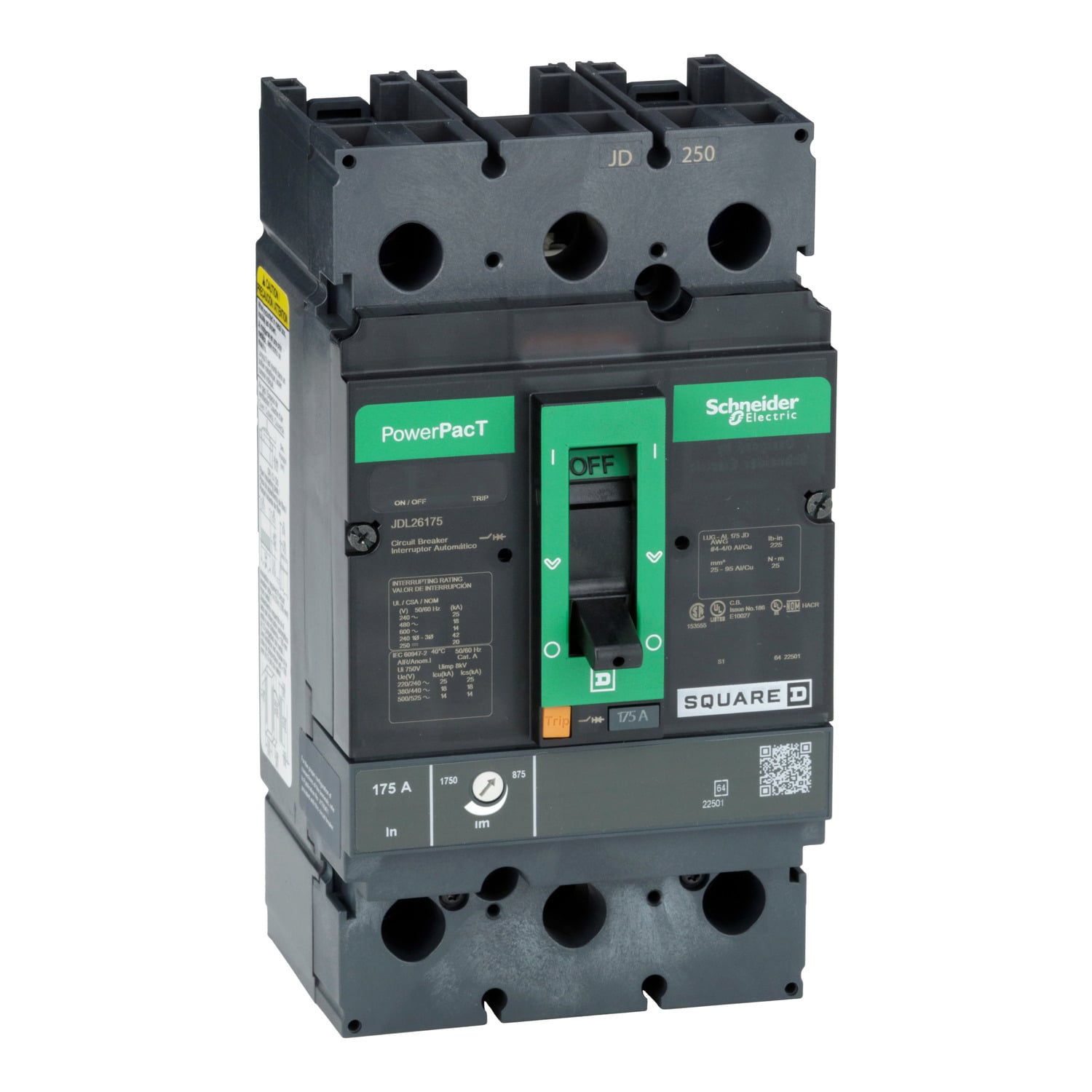JDL26175 PowerPact Type JDL Molded Case Circuit Breaker, 600 V AC/250 V DC, 175 A, 25 kA at 240 VAC/18 kA at 480 VAC/14 kA at 600 VAC/20 kA at 250 VDC Interrupt, 2 Poles, Thermal Magnetic Trip